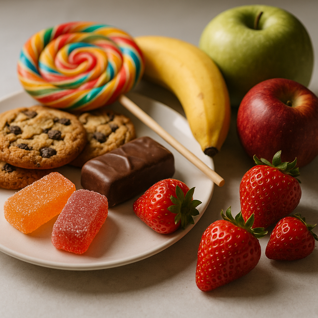 A hyperrealistic photograph of an assortment of colourful sweets and a bowl of fresh fruit on a wooden table, symbolising the balance between treats and nourishing options in children’s diets.