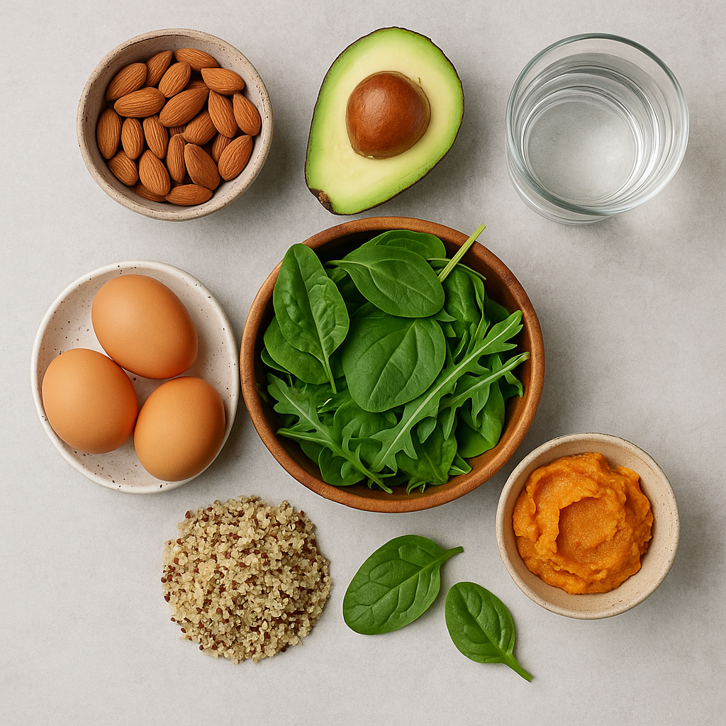 Flat-lay of balanced foods for blood sugar control, including eggs, avocado, leafy greens, nuts, and a glass of water.