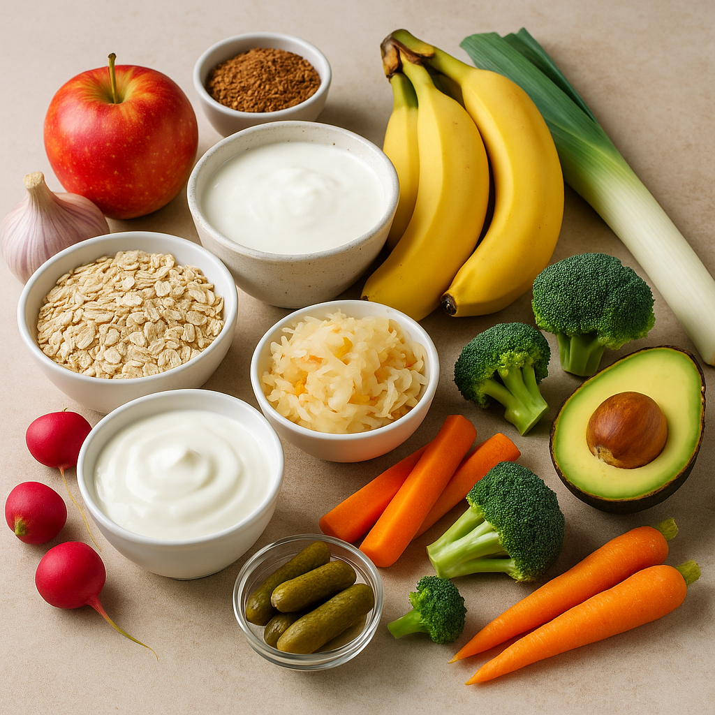 Flat-lay of gut-friendly foods like yoghurt, bananas, oats, and colourful vegetables, symbolising microbiome support for kids and parents.