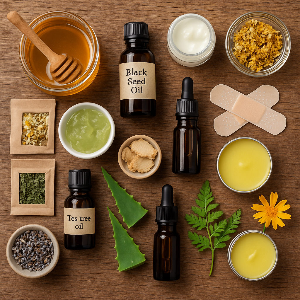 Flat-lay of natural first aid kit items including honey, aloe vera, black seed oil, herbal teas, and essential oils on a wooden surface.
