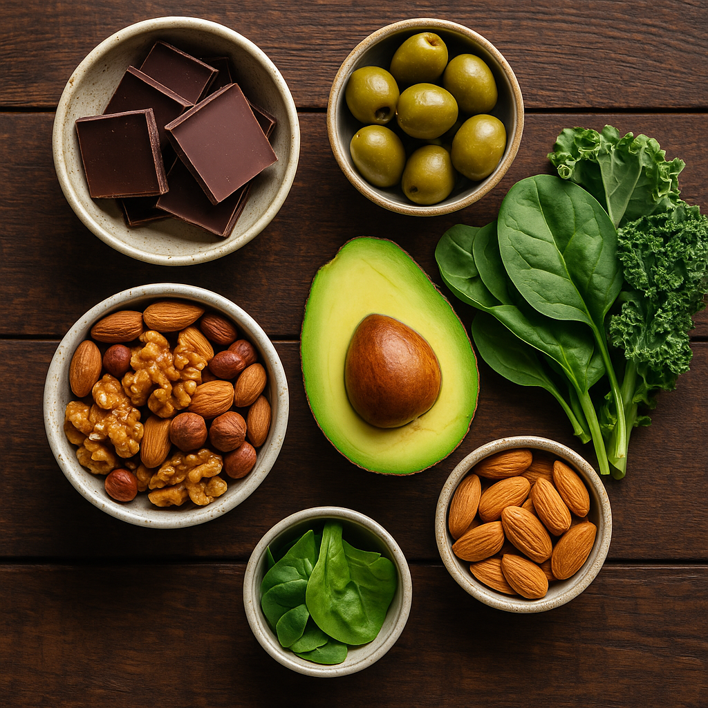 Flat-lay of healthy food swaps for common cravings: dark chocolate, nuts, olives, avocado, and leafy greens arranged on a rustic wooden table.
