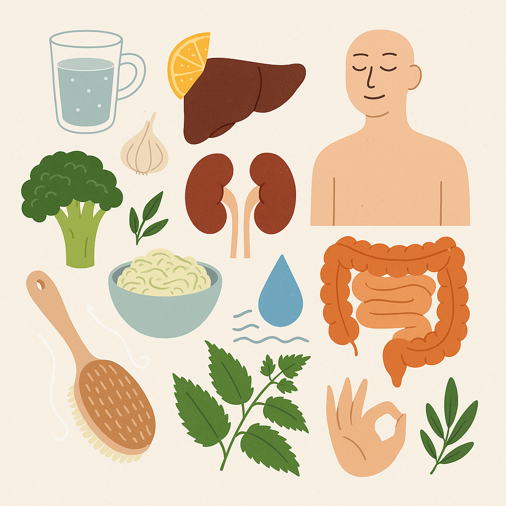 Flat-lay of fresh greens, lemon water, herbal tea, and natural remedies representing the body’s natural detox systems.
