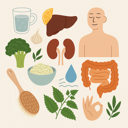 Flat-lay of fresh greens, lemon water, herbal tea, and natural remedies representing the body’s natural detox systems.