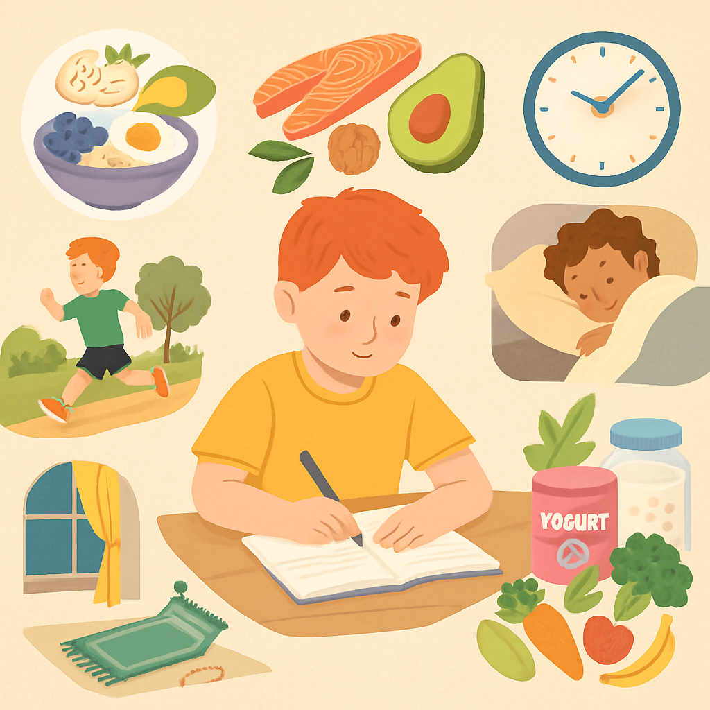 Flat-lay of a child’s study table with a healthy breakfast, books, and crayons—symbolising natural ways to support focus and learning.