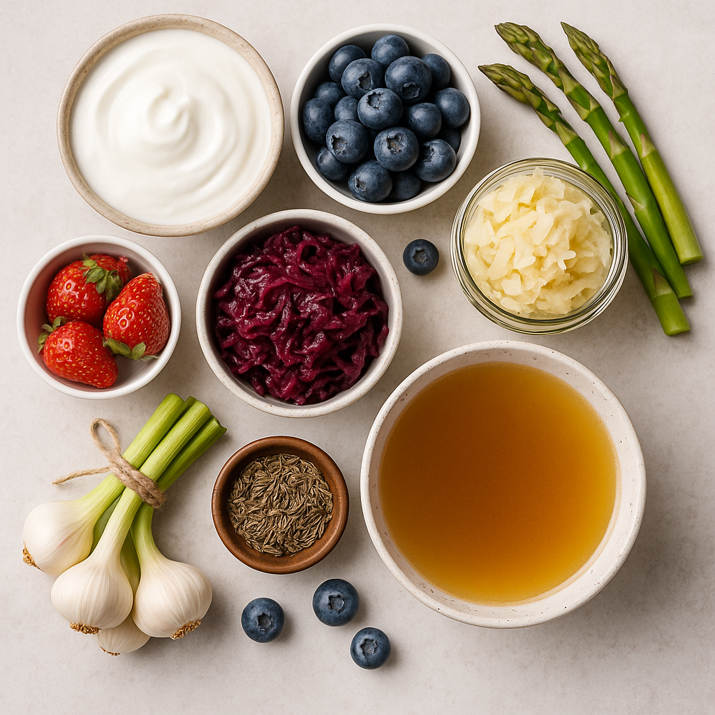 Flat-lay of gut-healthy foods like kefir, berries, sauerkraut, and bone broth, representing the gut-skin connection.
