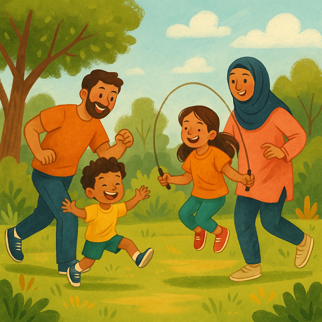 Illustration of a joyful family playing outdoors together, symbolising movement as fun and connection.
