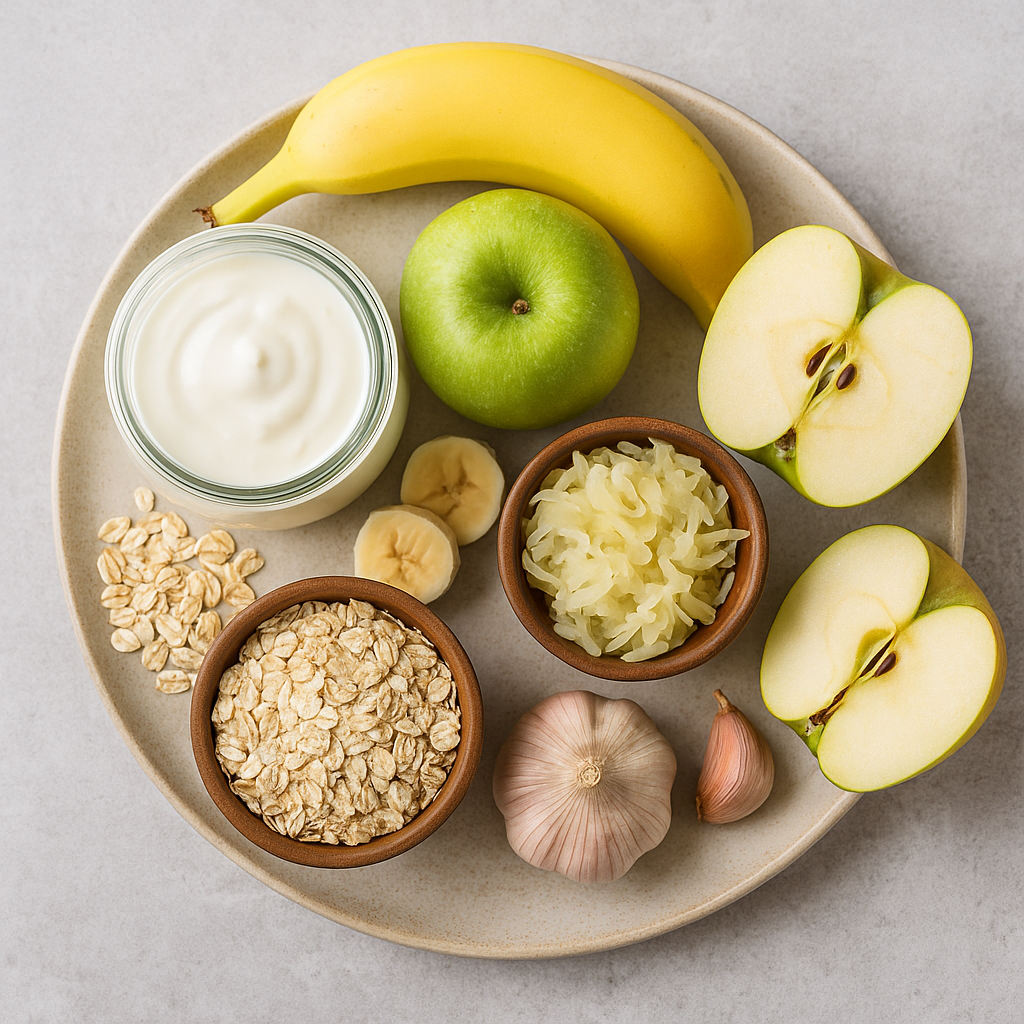 Flat-lay of kid-friendly gut-healthy foods like bananas, oats, yoghurt, and apples, symbolising a family-friendly microbiome diet.