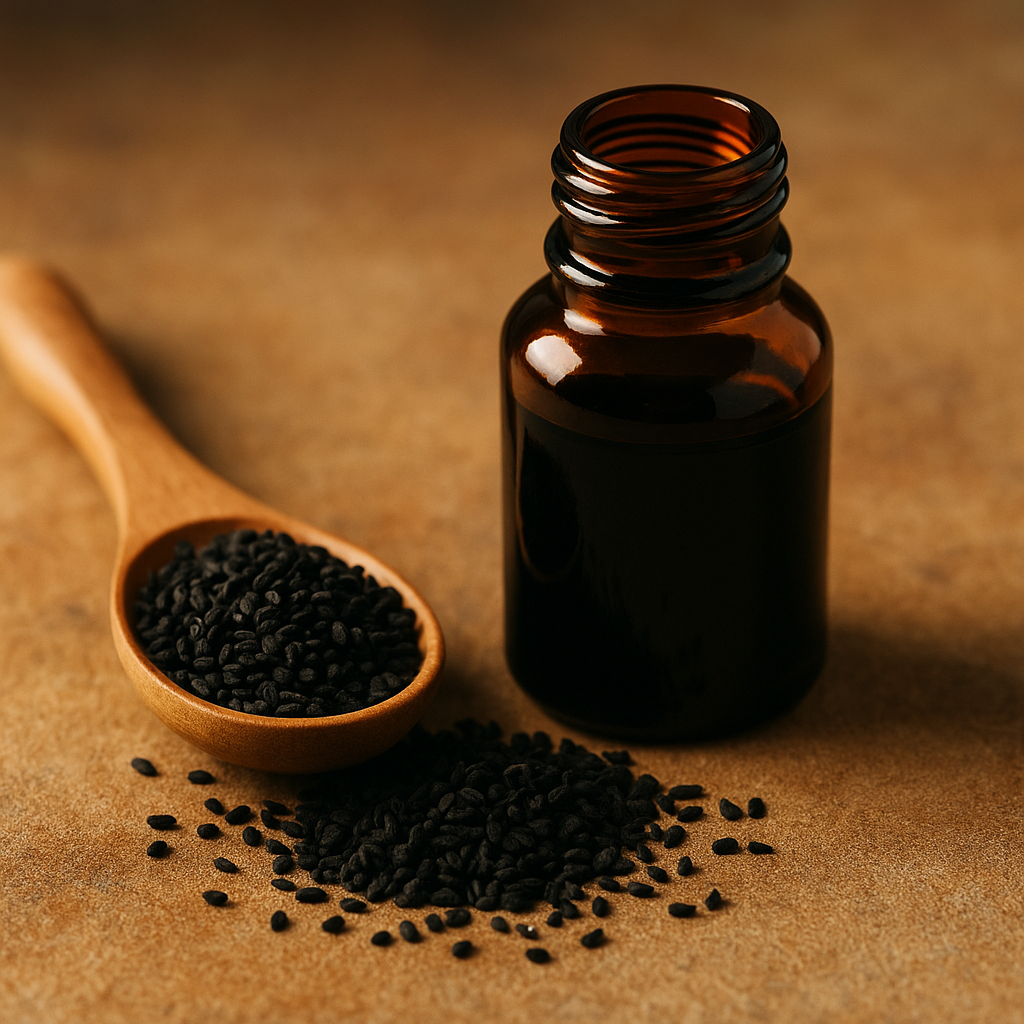 A high-resolution square photograph featuring a small amber glass bottle of black seed oil with a dropper, placed on a rustic wooden surface. Surrounding the bottle are scattered black seeds and dried herbs, evoking a natural and holistic wellness theme.