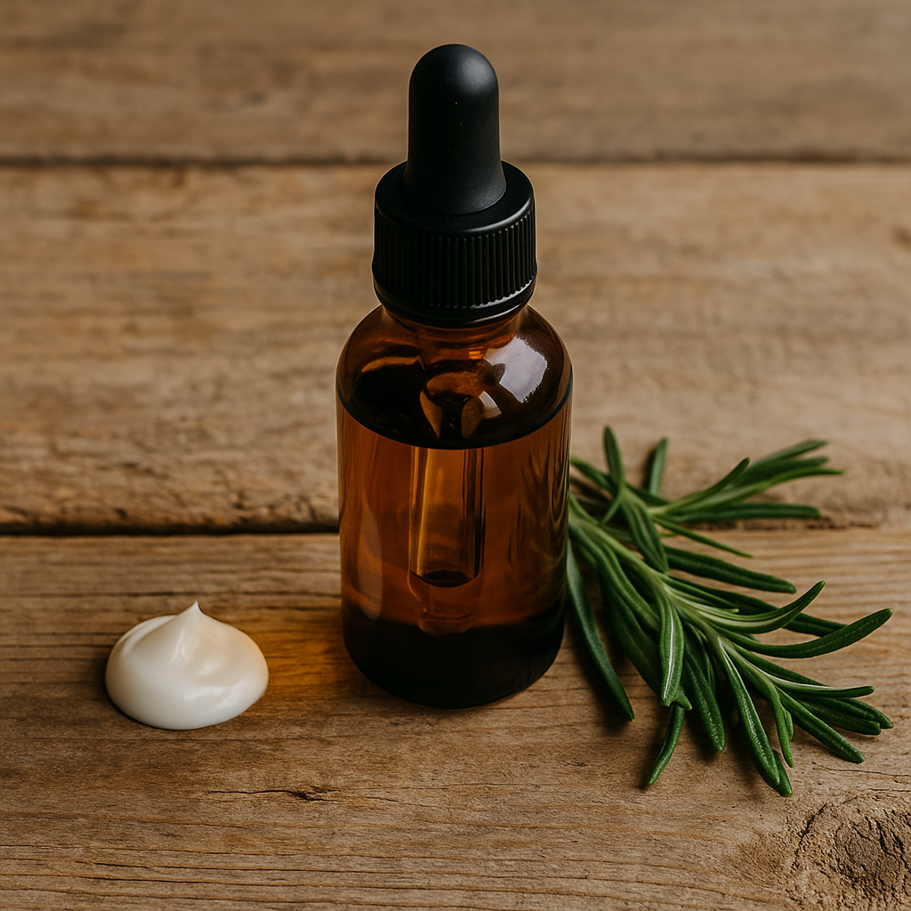 A photograph showcases an amber glass dropper bottle surrounded by natural cosmetic ingredients such as dried botanicals, wooden tools, and a bowl of creamy balm, arranged on a rustic surface to evoke a clean, holistic skincare aesthetic.
