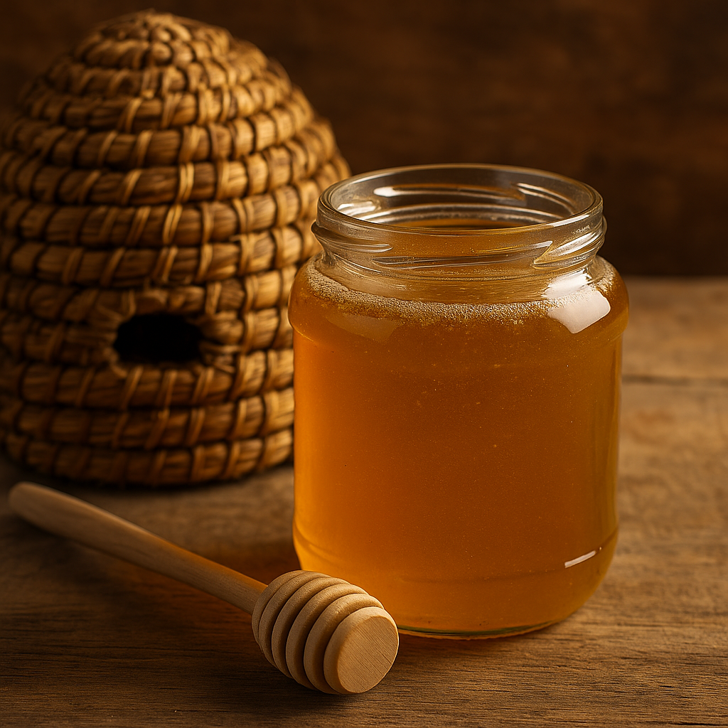 A photograph showcases a glass jar filled with golden raw honey on a rustic wooden table, accompanied by a wooden honey dipper and a traditional woven beehive in the background.