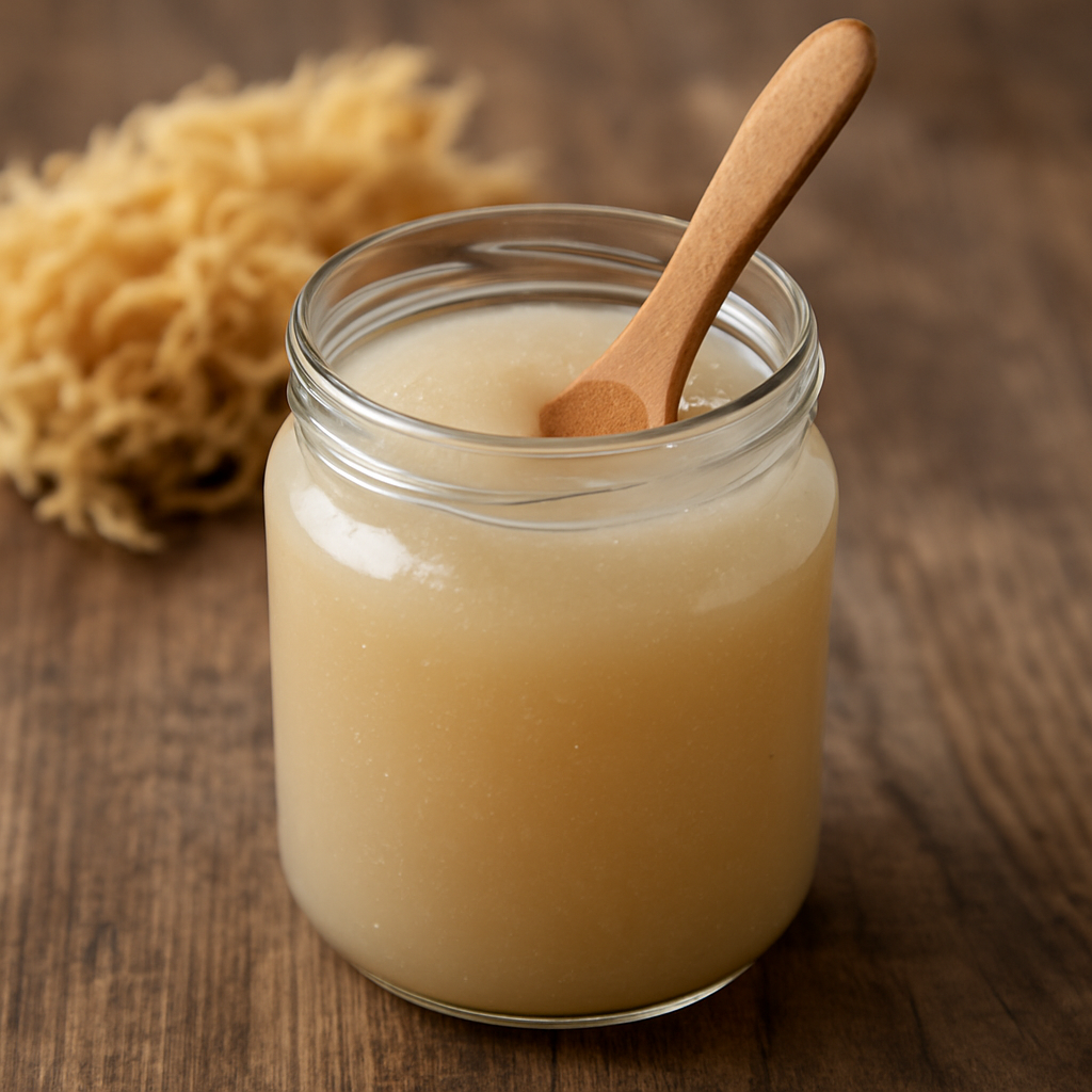A square-format photograph showing a glass jar filled with thick, creamy sea moss gel. The gel has a smooth, pale beige texture and sits on a wooden surface with a neutral, minimal background, giving a clean and natural wellness aesthetic.