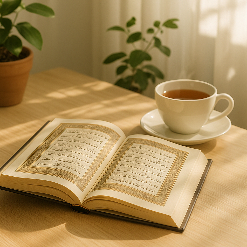Serene morning scene featuring an open Qur’an on a wooden table beside a cup of tea and soft morning sunlight filtering through sheer curtains—symbolising peace, reflection, and continued spiritual intention after Ramadan.