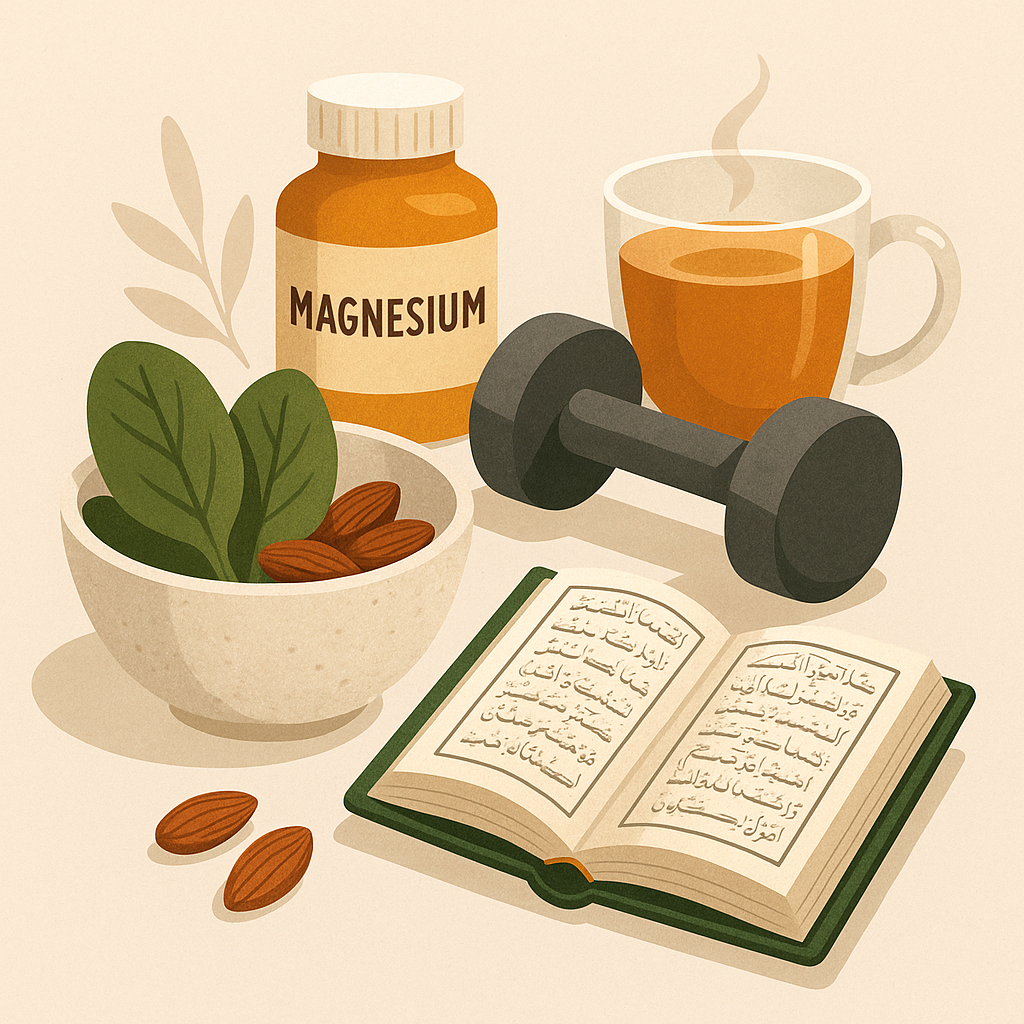 Flat-lay of stress-relieving foods like leafy greens, nuts, herbal teas, and essential oils, symbolising resilience and holistic wellness.