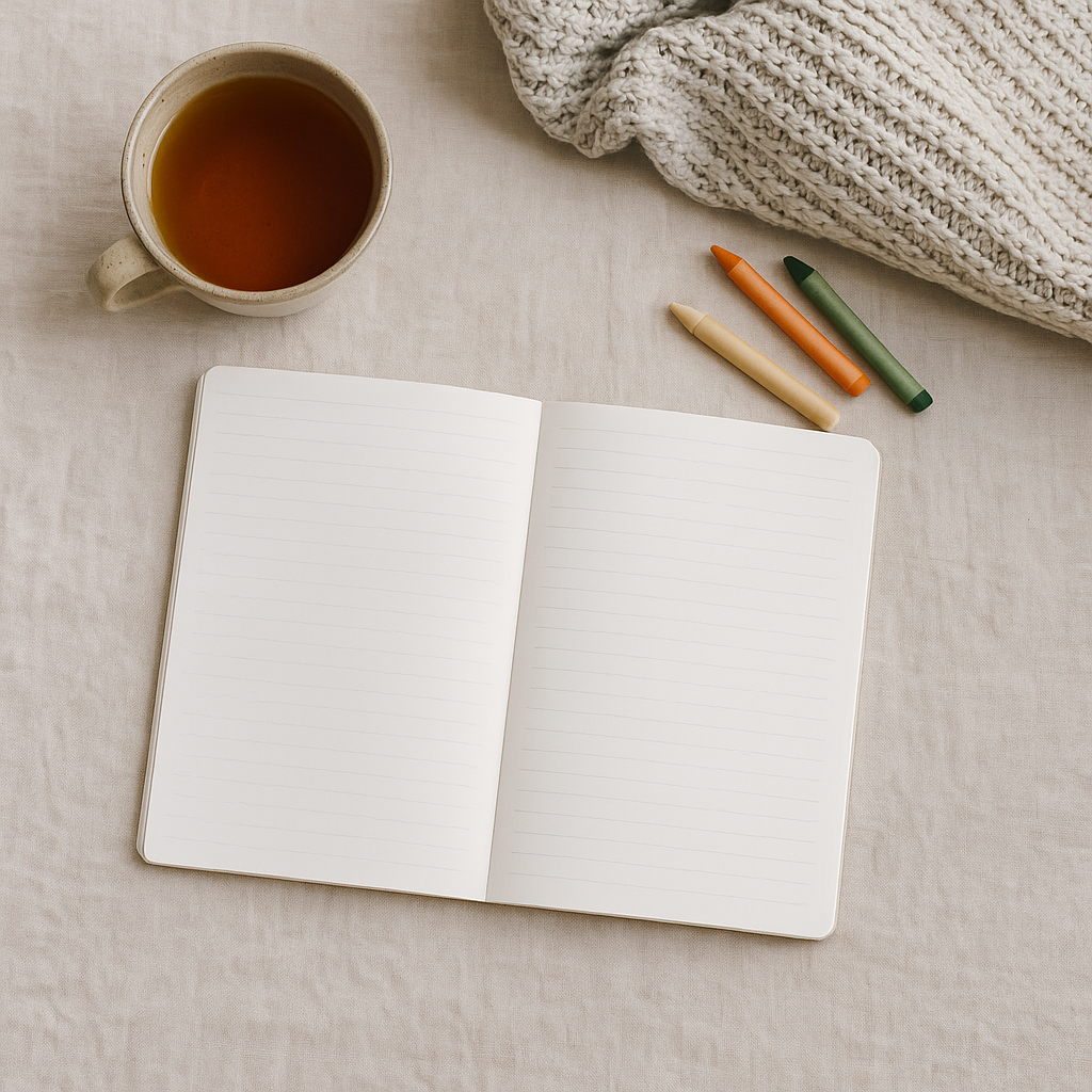 Flat-lay of a parent’s workspace with a cup of tea, open journal, crayons, and a half-folded blanket—symbolising the balance between work, family, and self-care.