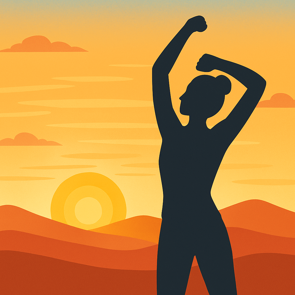 Illustration of a sunrise with a silhouette of a person stretching, symbolising the importance of morning routines for circadian rhythm health.