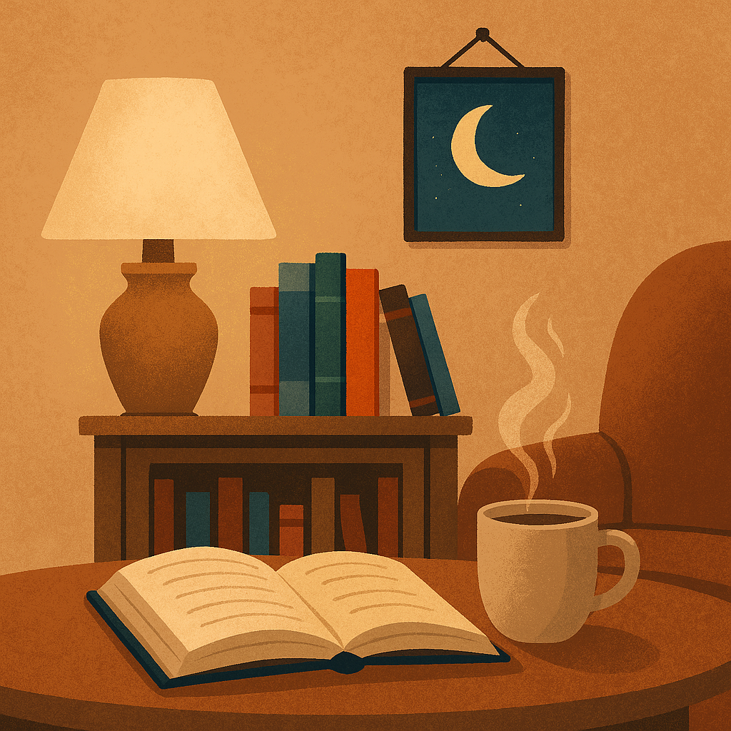 Illustration of a cosy evening scene in a family living room, with warm lighting, parents and children relaxing together, and no screens in sight—symbolising a peaceful, tech-free evening routine.