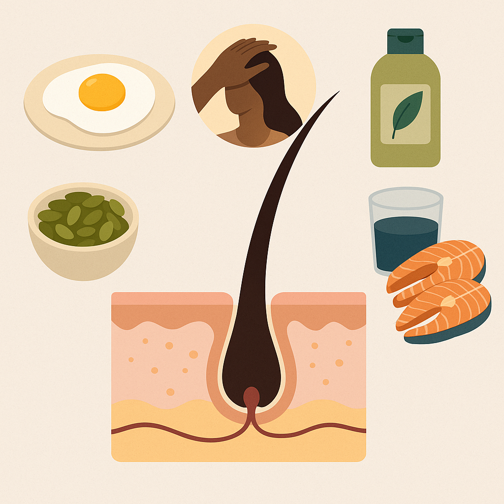 Image of a hair follice, different healthy foods and a woman rubbing her head