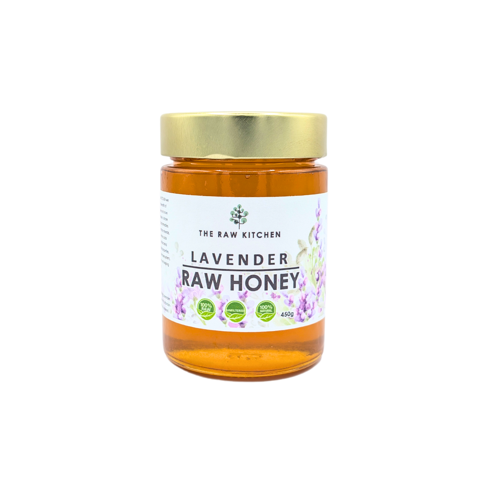 A 450g glass jar of Lavender Raw Honey with a gold lid and branded label - The Raw Kitchen UK.