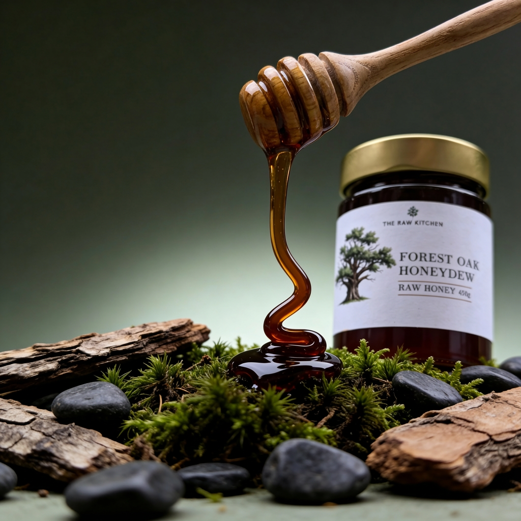 Honey dipper drizzling honey over a jar of 'Forest Oak Honeydew' raw honey on a natural setting with rocks and moss.
