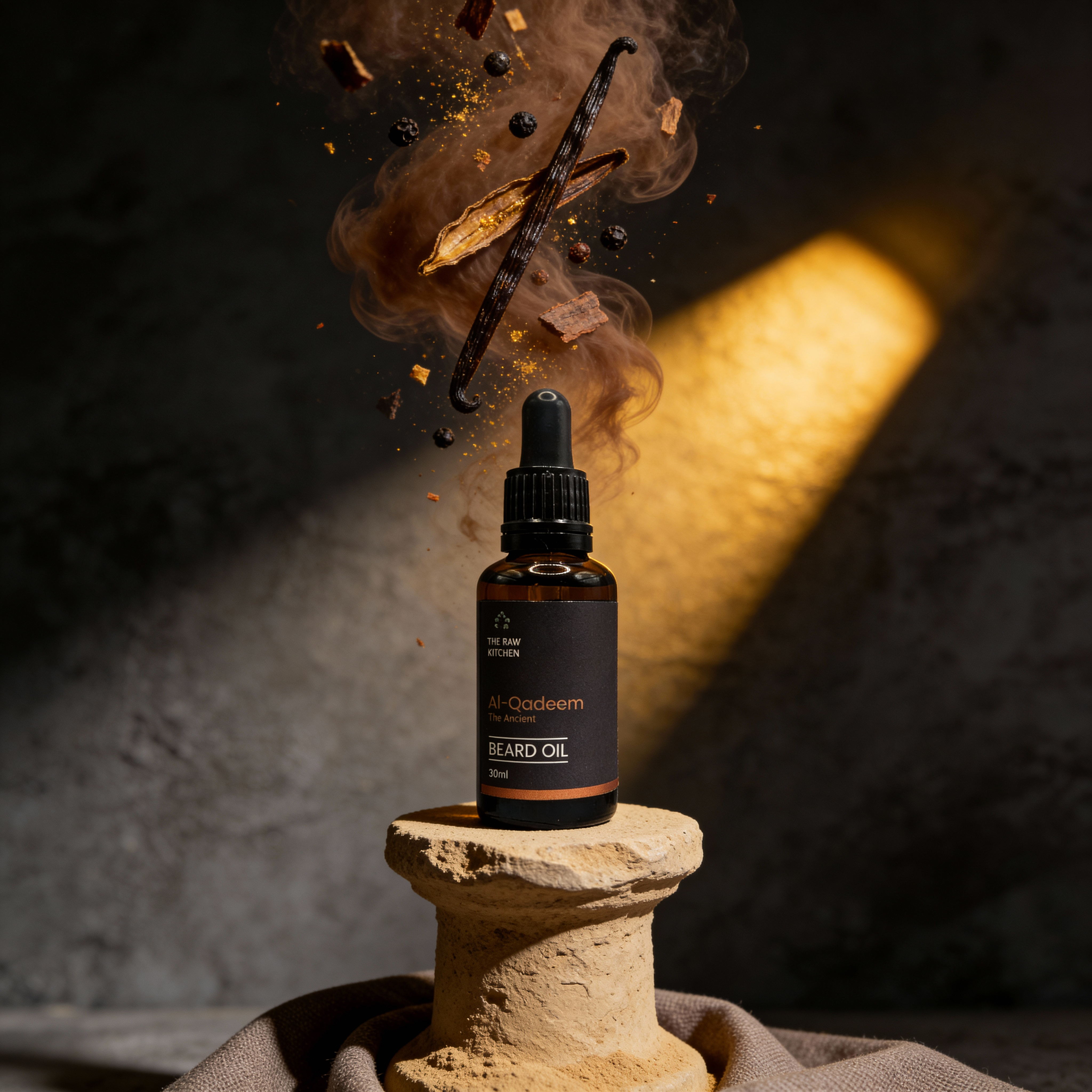 Beard oil bottle with vanilla beans and smoke on a textured surface