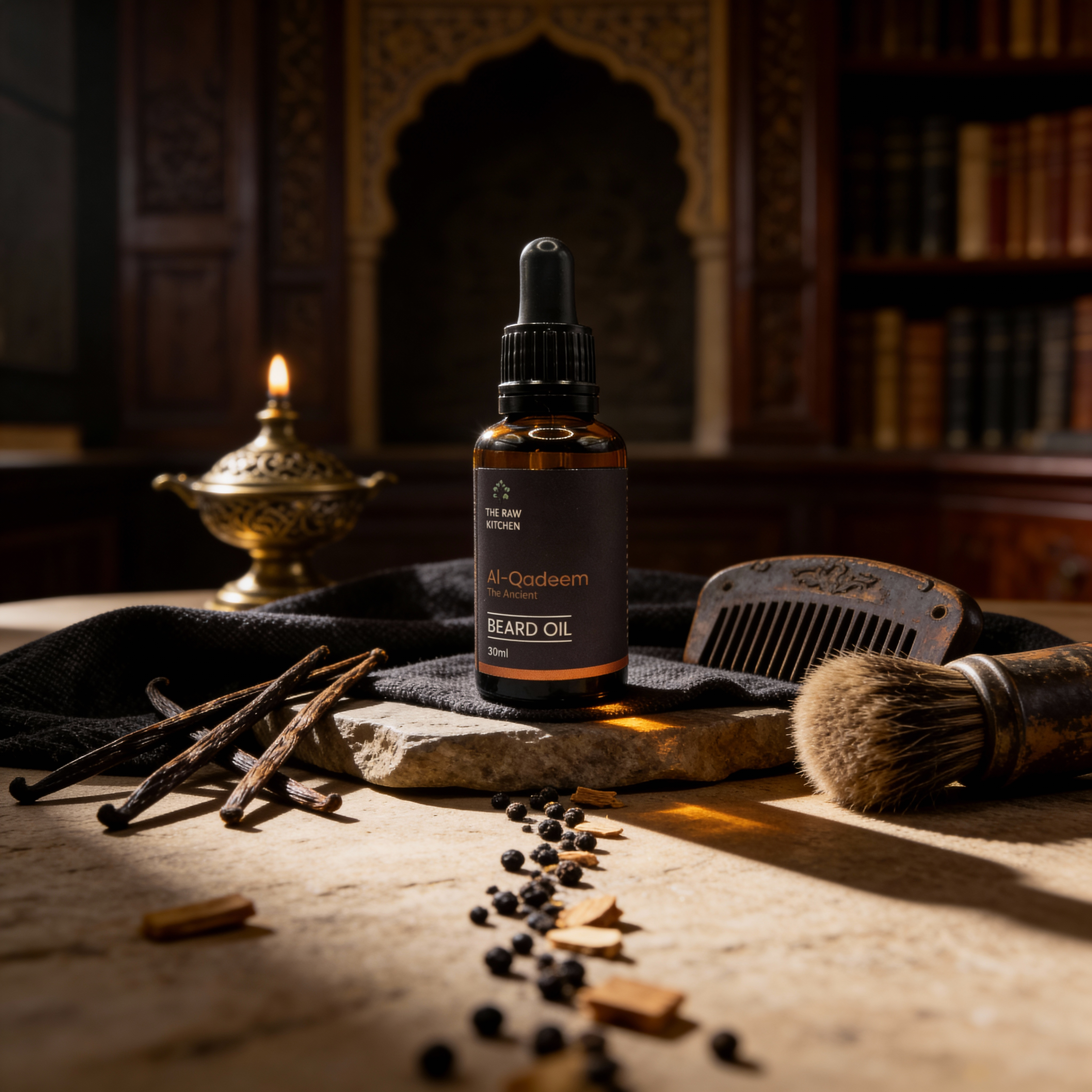 Bottle of Al-Qadeem beard oil on a wooden table with spices and a candle in a decorative setting.