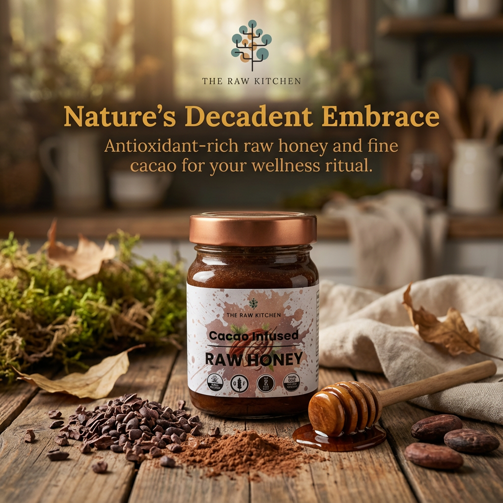 Jar of Cacao Infused Raw Honey with honey dipper on a wooden surface, surrounded by cacao nibs and powder.