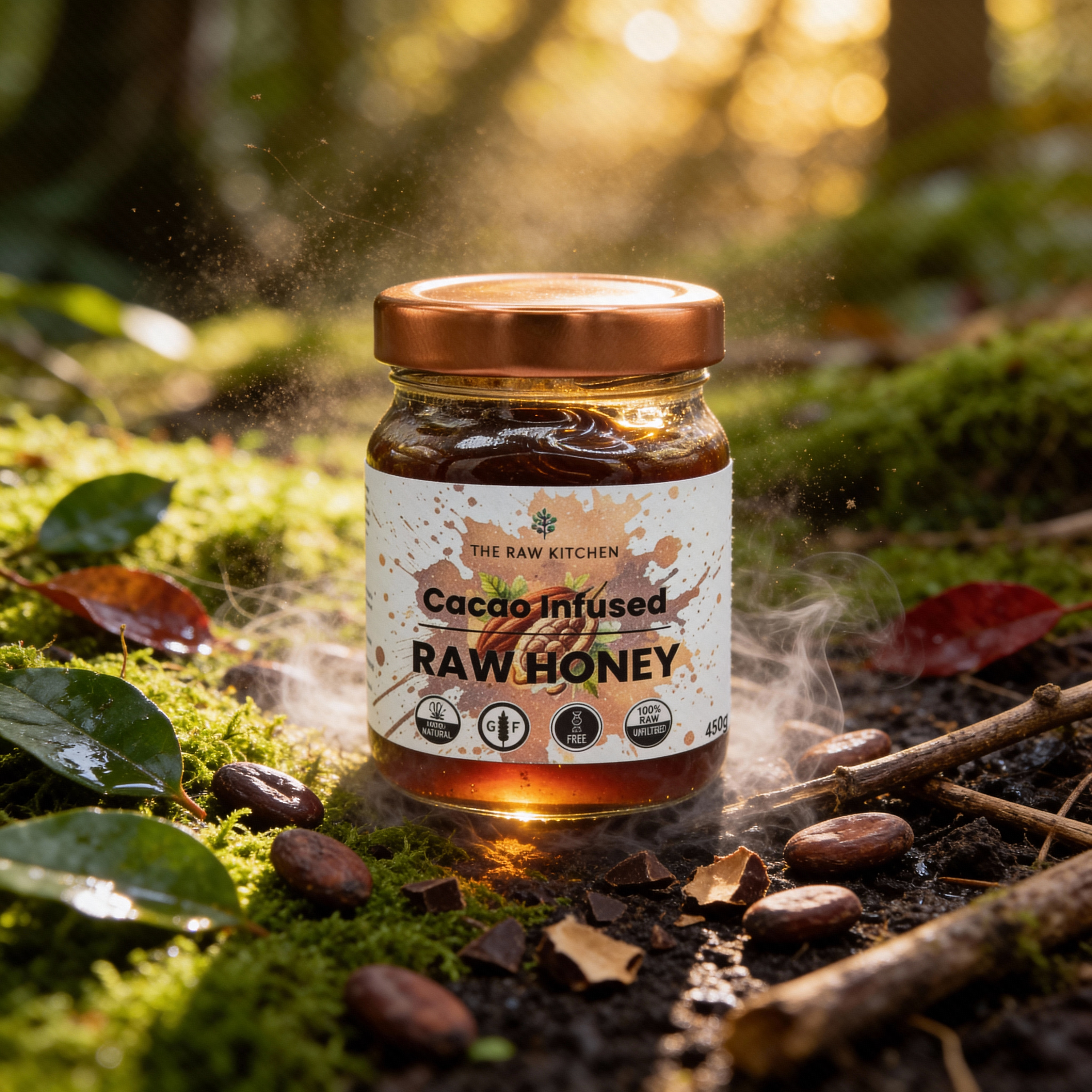 Jar of Cacao Infused Raw Honey on a forest floor with leaves and twigs.