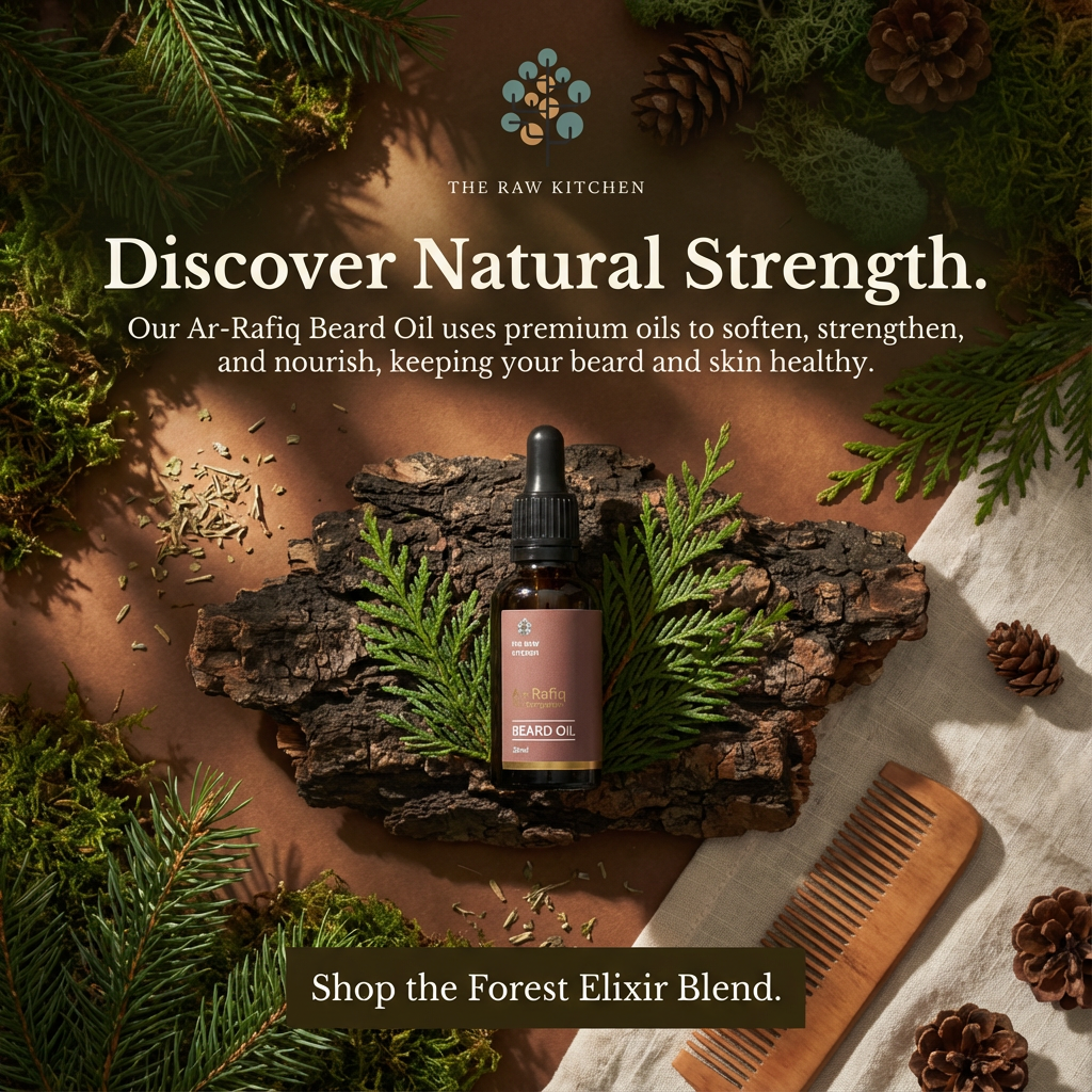 Advertisement for Arifiq Beard Oil with natural elements and text on a wooden surface.