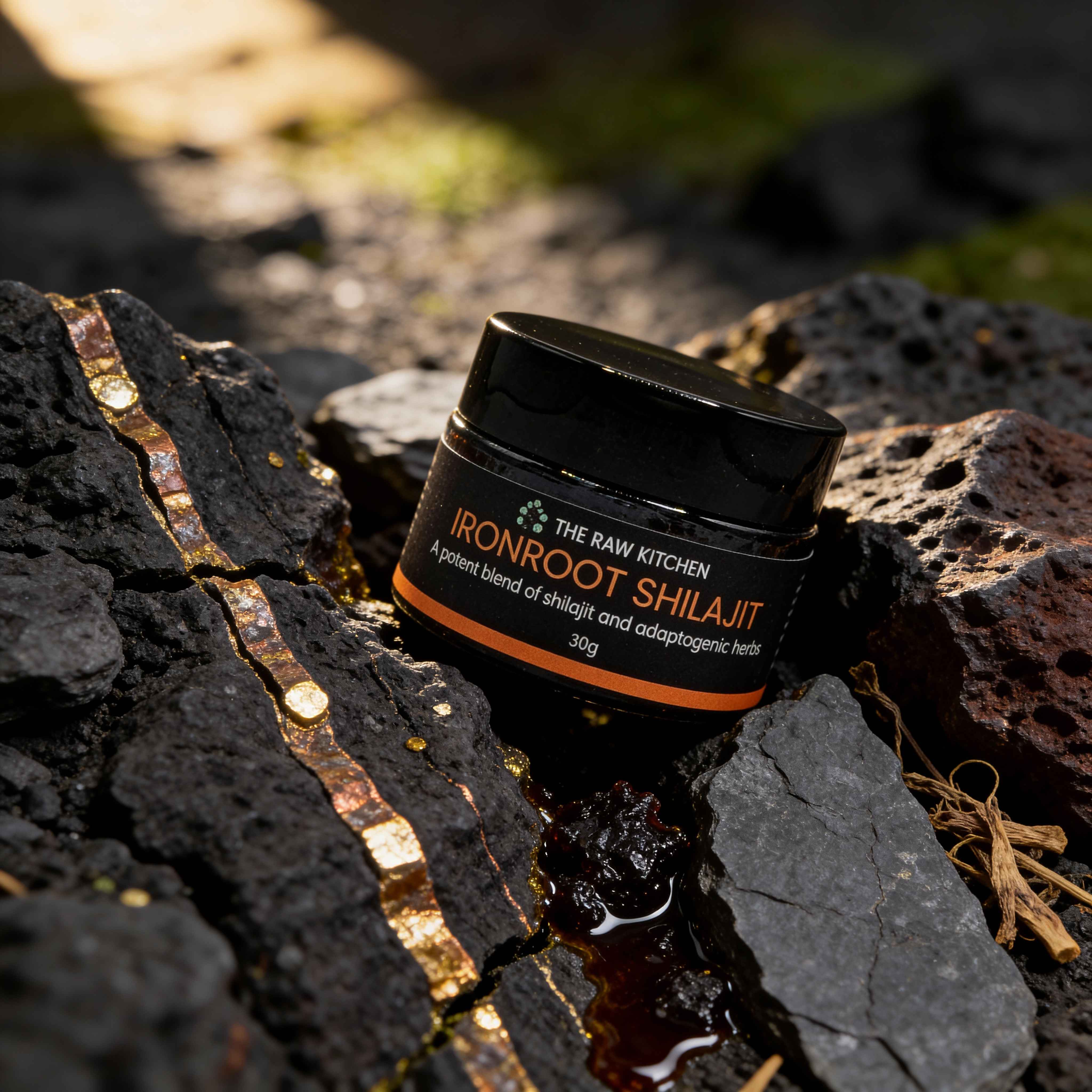 a jar of shilajit resting on some cracked rocks