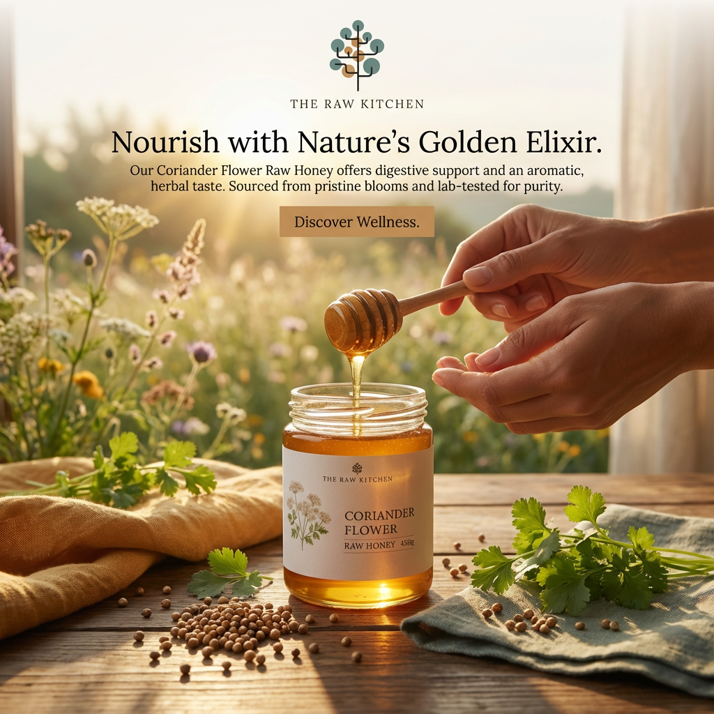 Jar of Coriander Flower Raw Honey with honey being drizzled, surrounded by herbs and flowers, with 'The Raw Kitchen' branding.