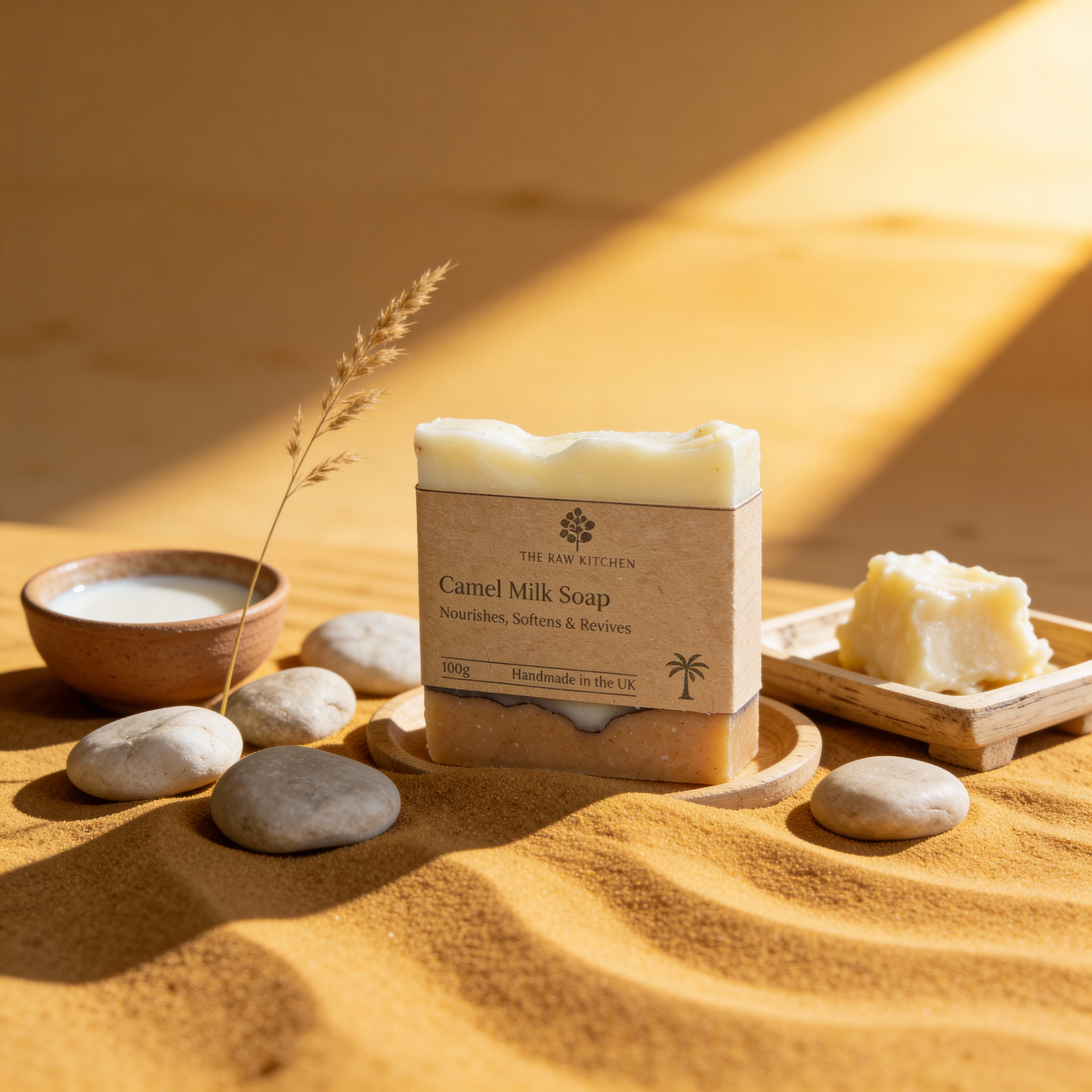 Camel milk soap with packaging on a sandy surface