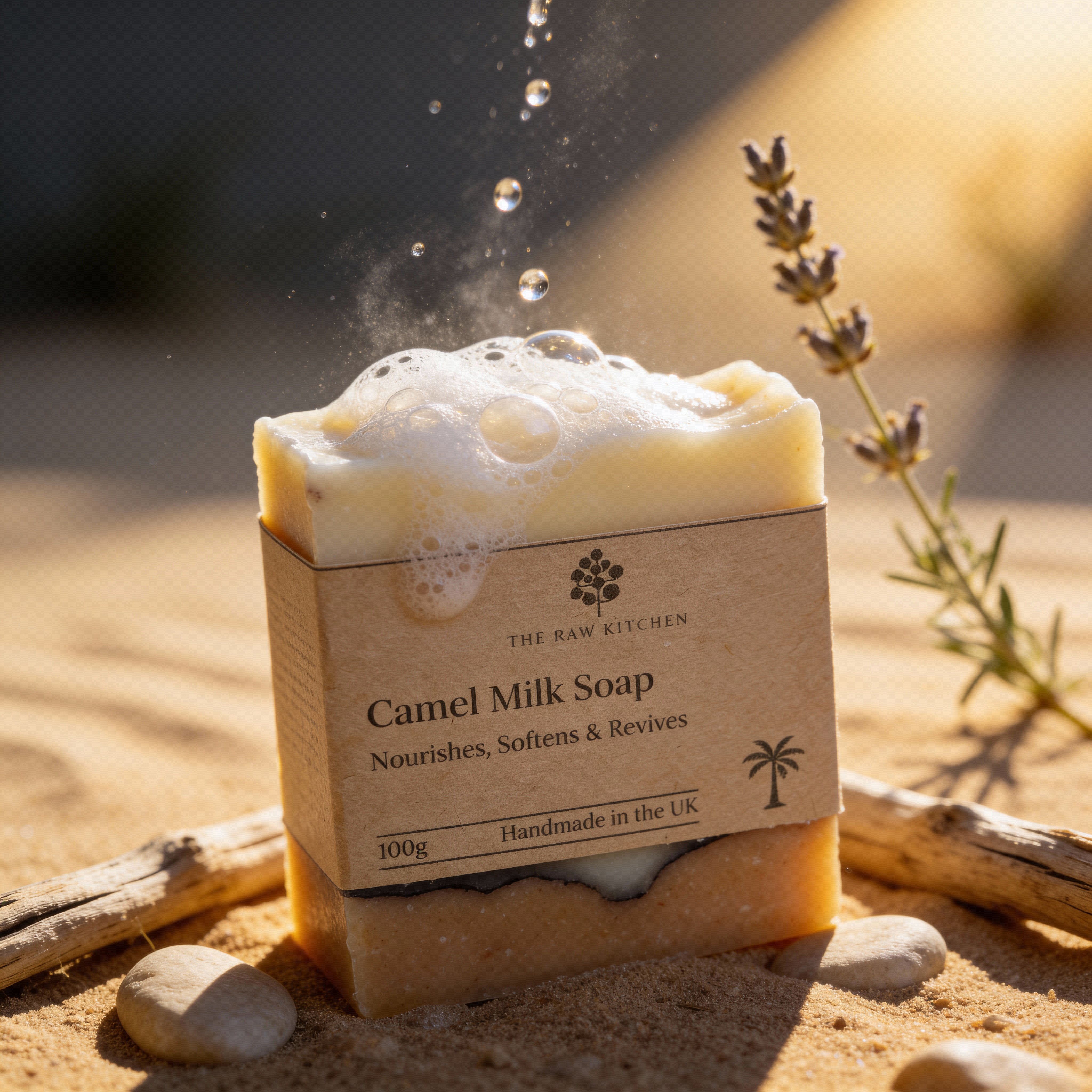 Camel Milk Soap with branding and product details on a natural setting