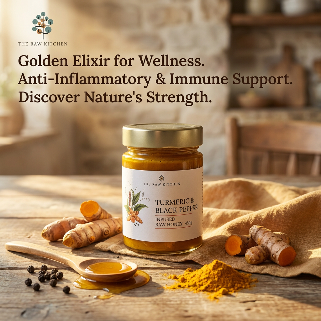 Jar of turmeric and black pepper product with text about wellness benefits on a wooden surface.