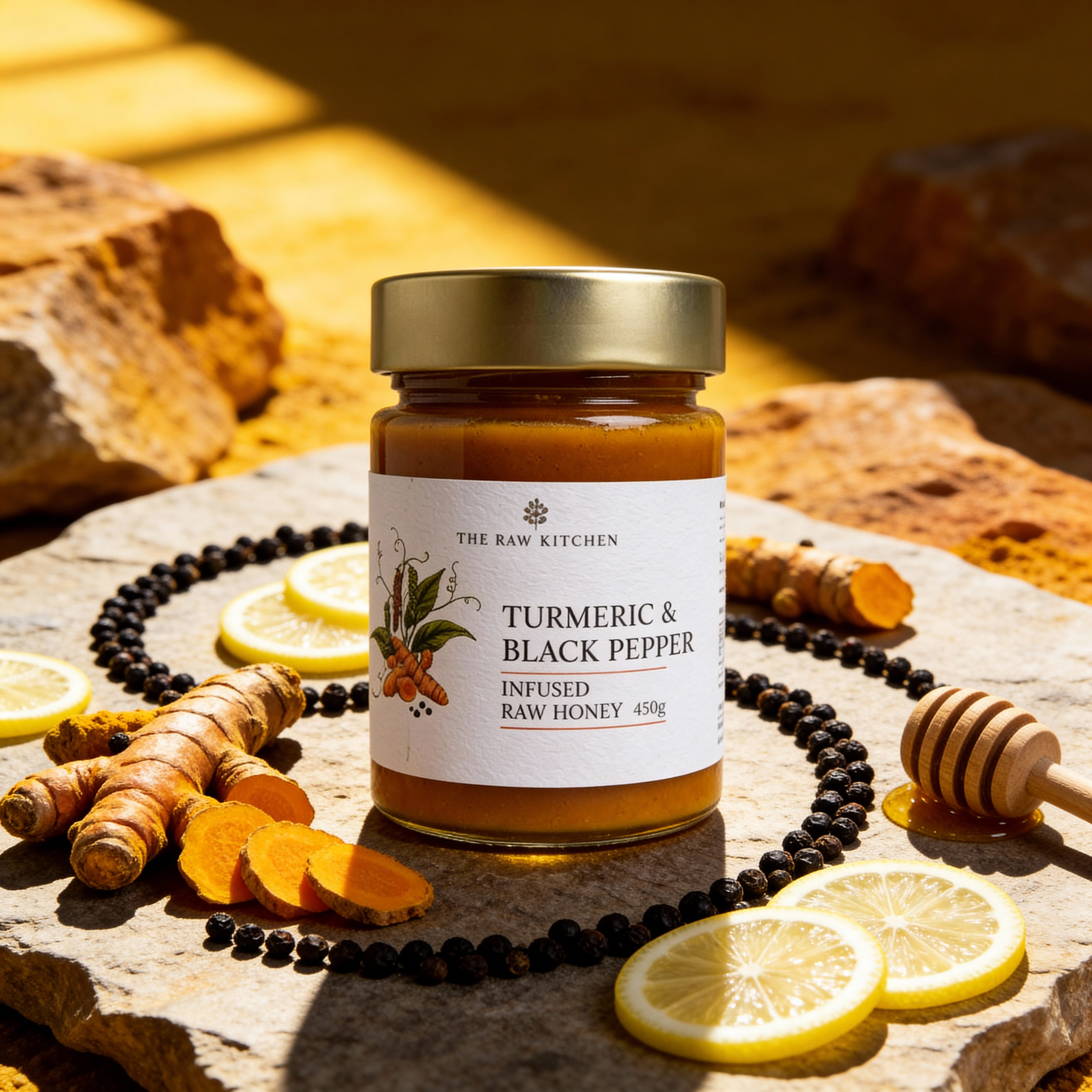 Jar of Turmeric & Black Pepper Infused Raw Honey on a stone surface with lemons and honey dipper.