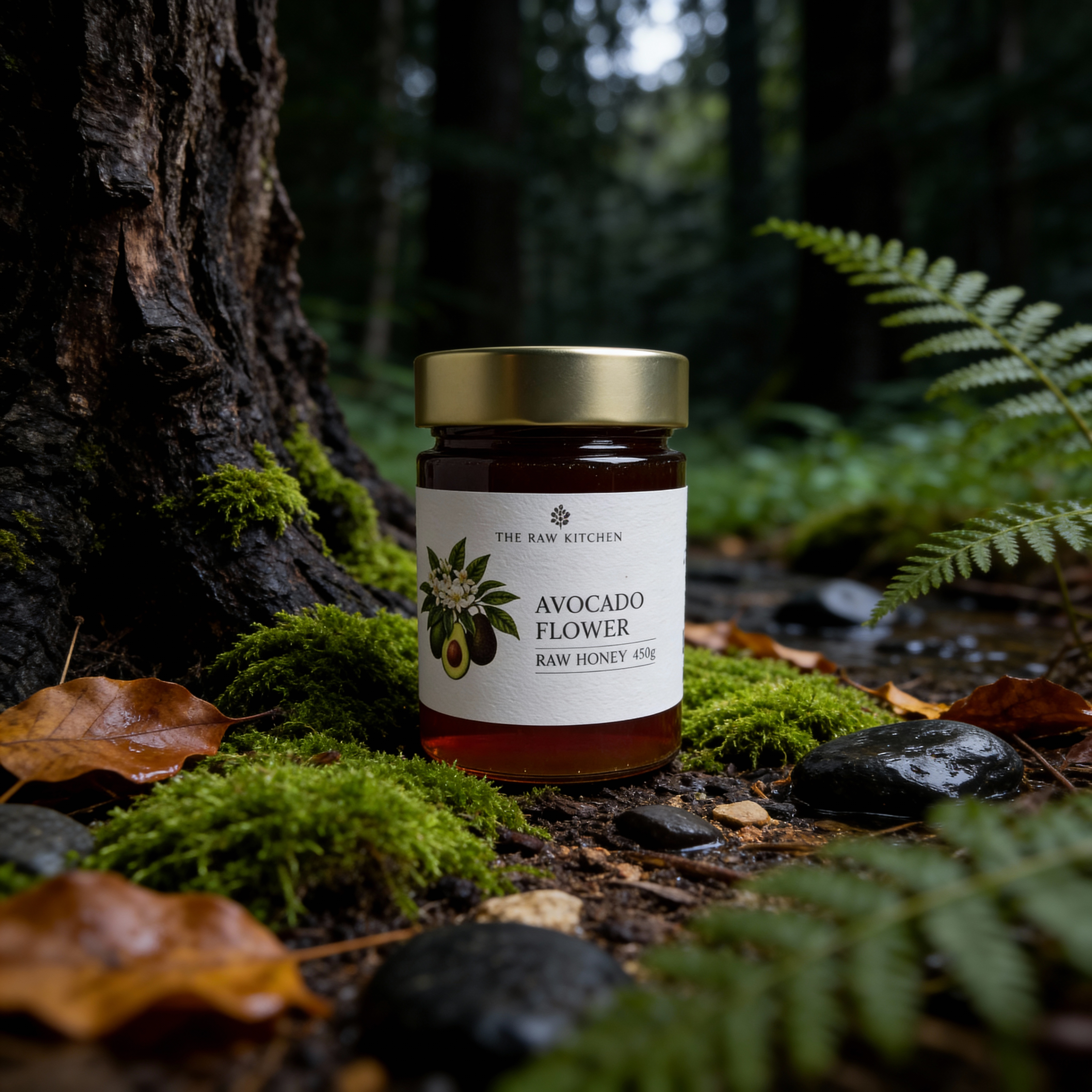 Jar of avocado flower raw honey on a forest floor with moss and ferns.