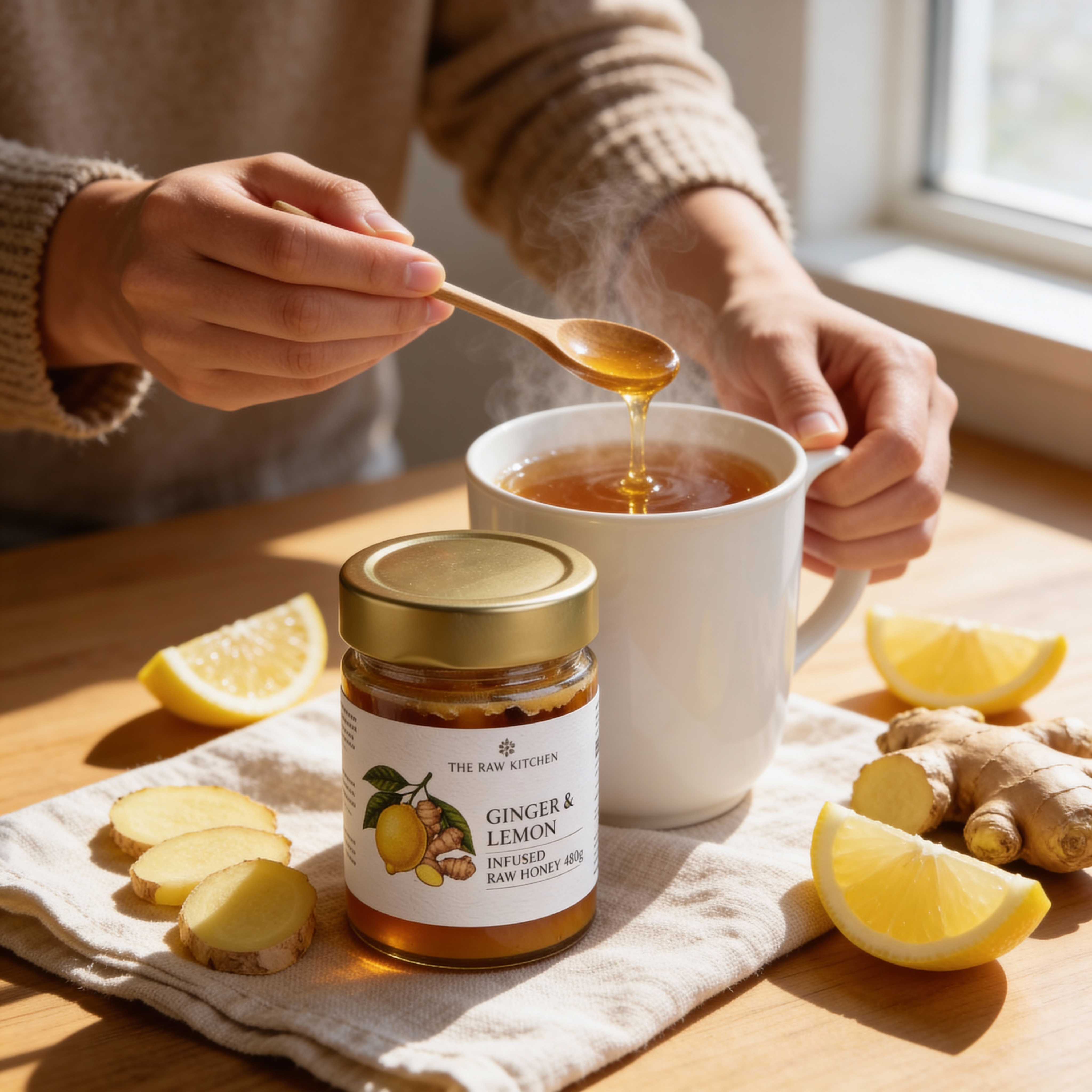 Person pouring honey into a mug of tea with ginger and lemon on a wooden table.