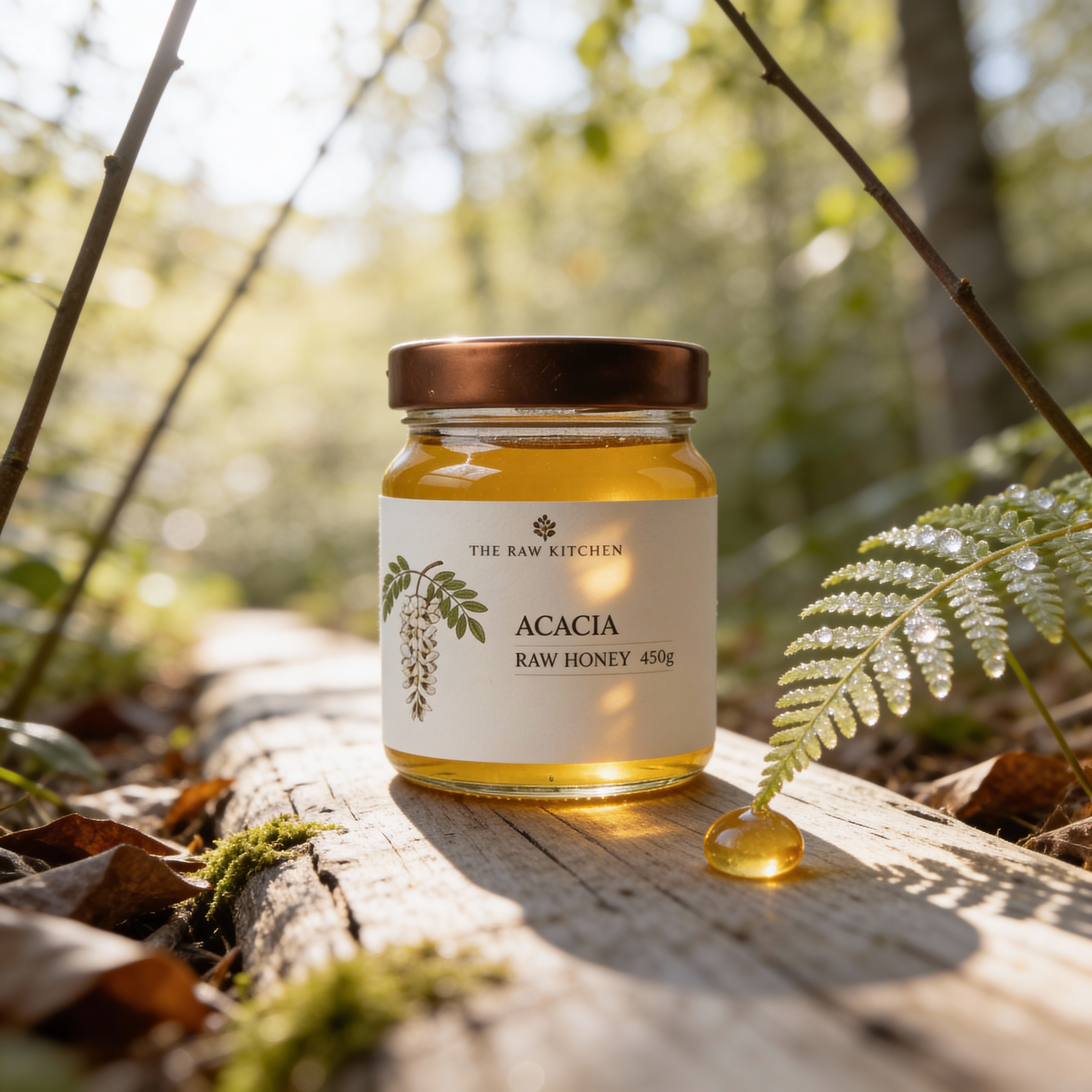 Jar of Acacia raw honey from The Raw Kitchen on a wooden surface with a natural background