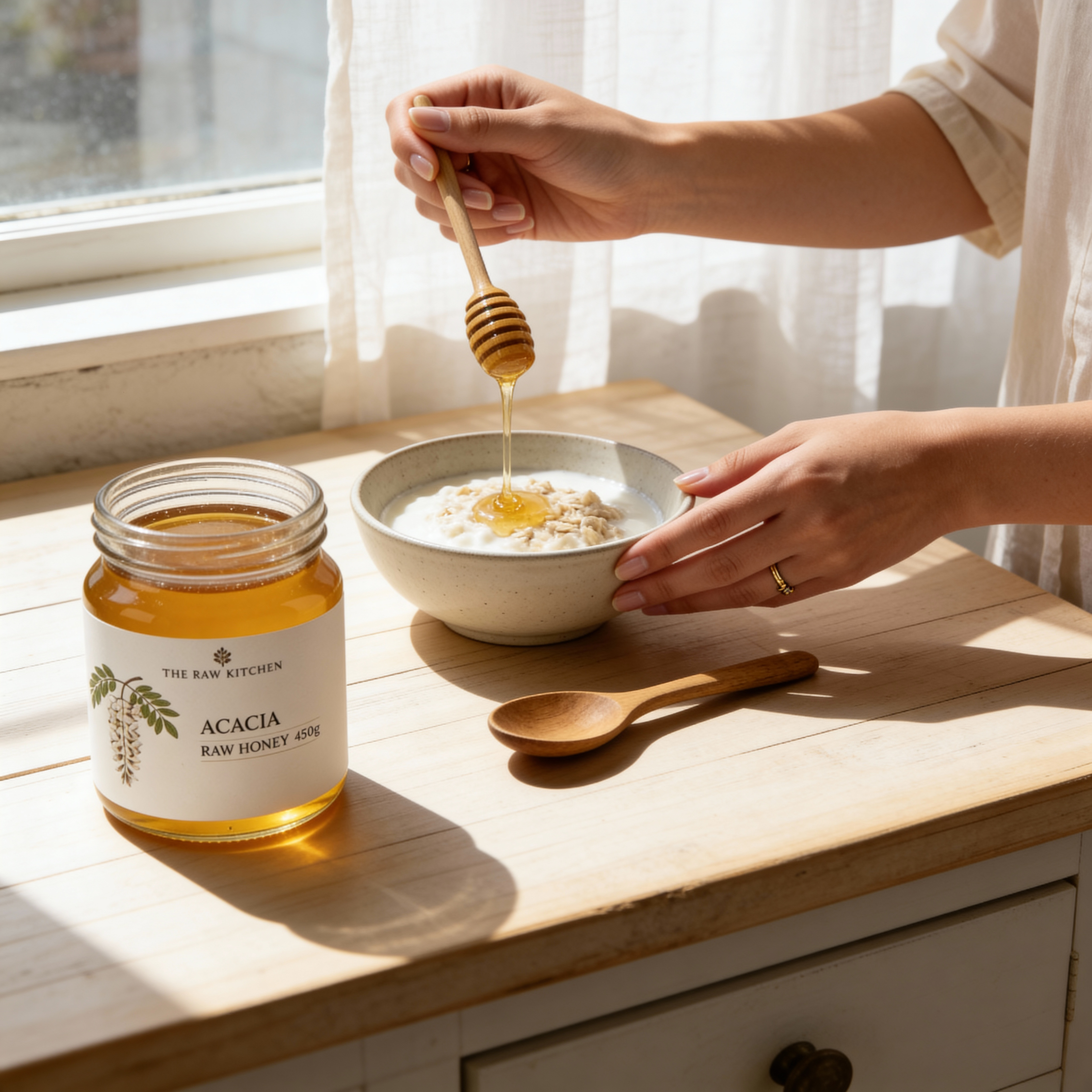 Person drizzling honey into a bowl of cereal next to a jar of Acacia raw honey on a wooden table.