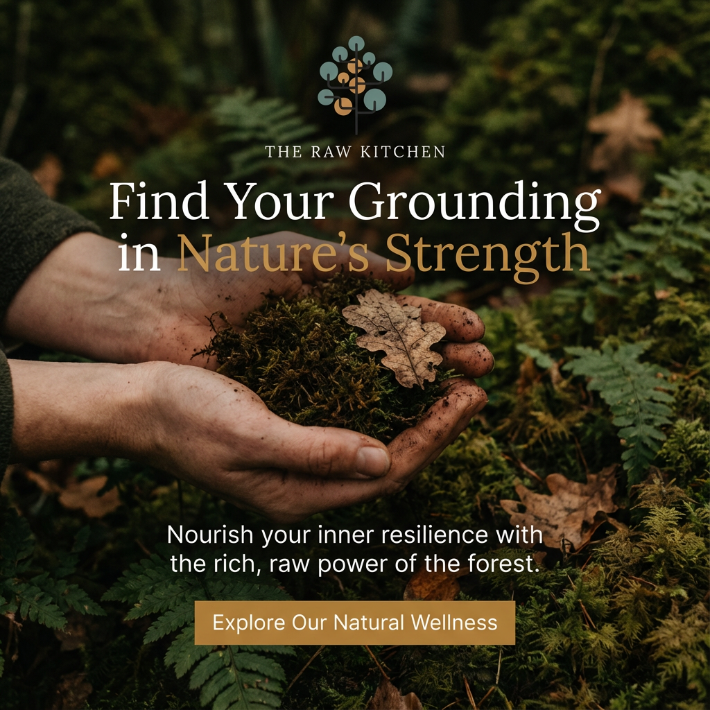 Hands holding soil with text promoting 'The Raw Kitchen' and nature-based wellness.