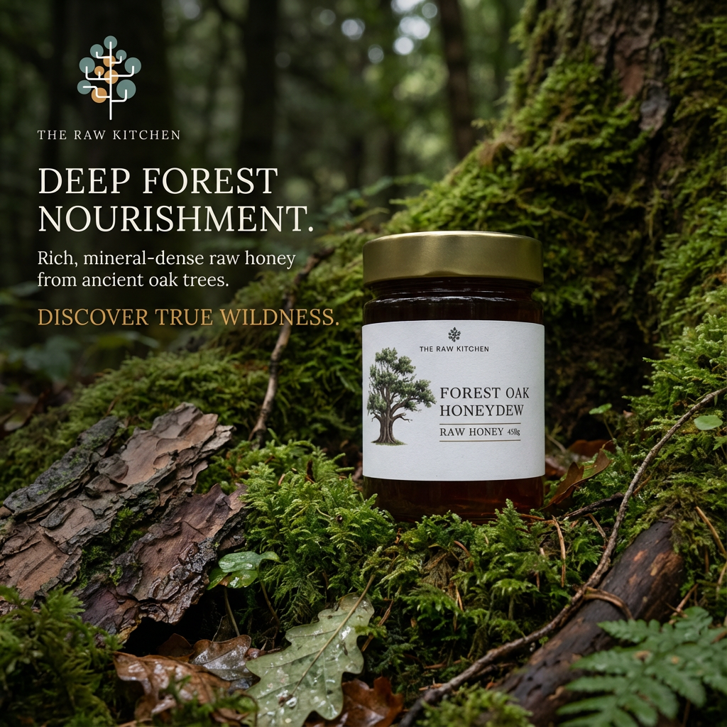 Jar of Forest Oak Honeydew on a forest floor with 'The Raw Kitchen' branding.