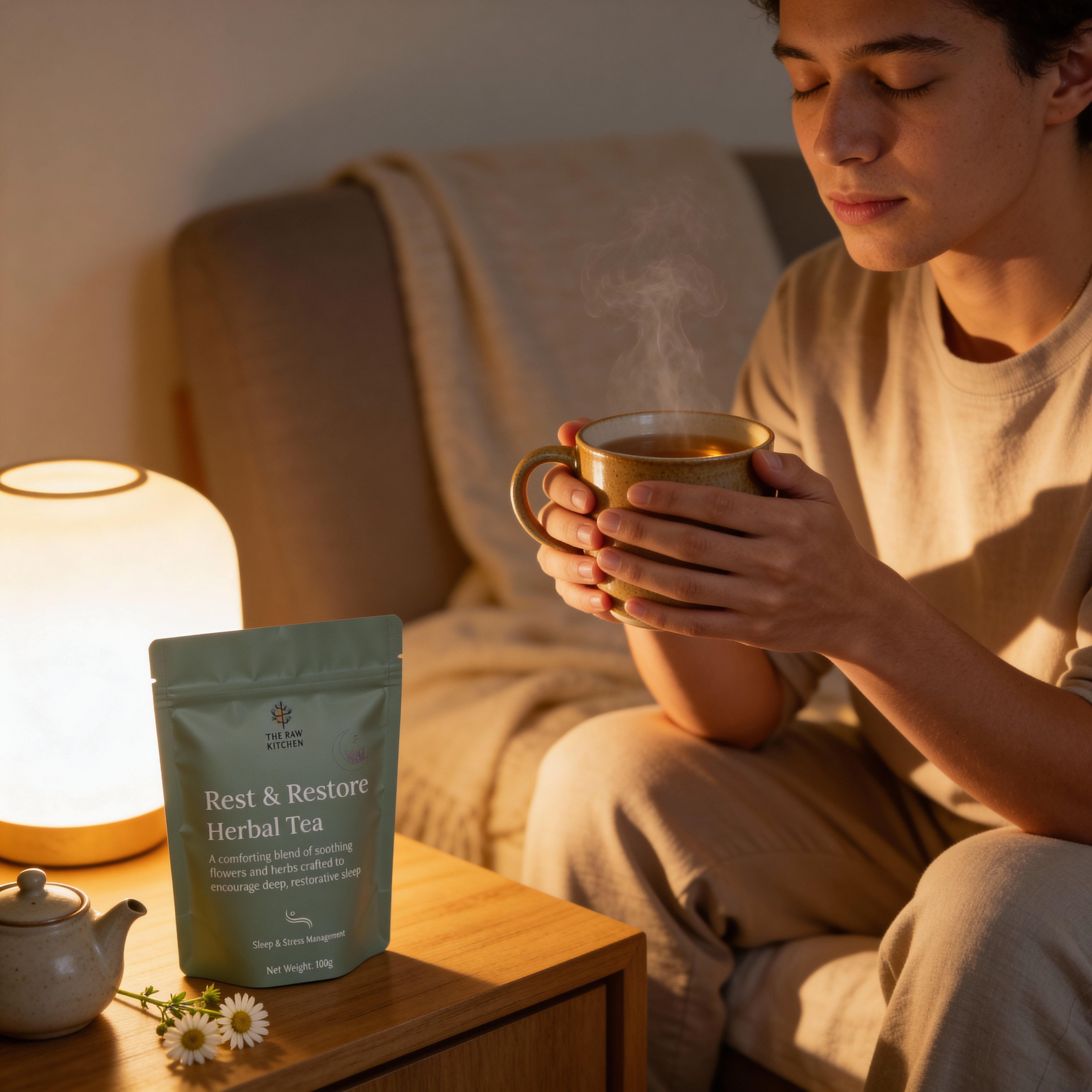 a man holding a cup of tea sitting on a bed with a packet of rest and restore tea on the bedside table.