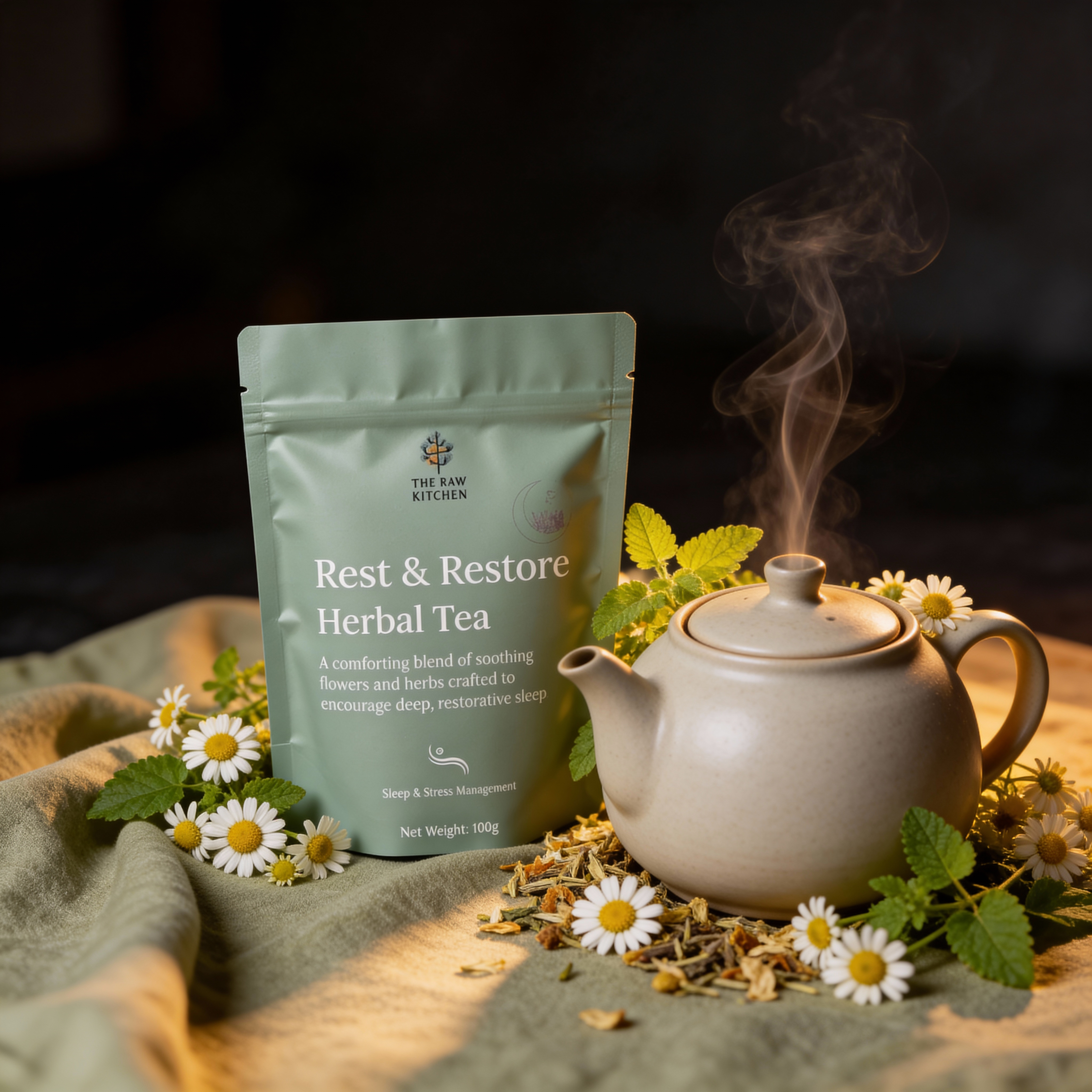 a pot of tea on a table with a packet of rest and restore tea next to it.