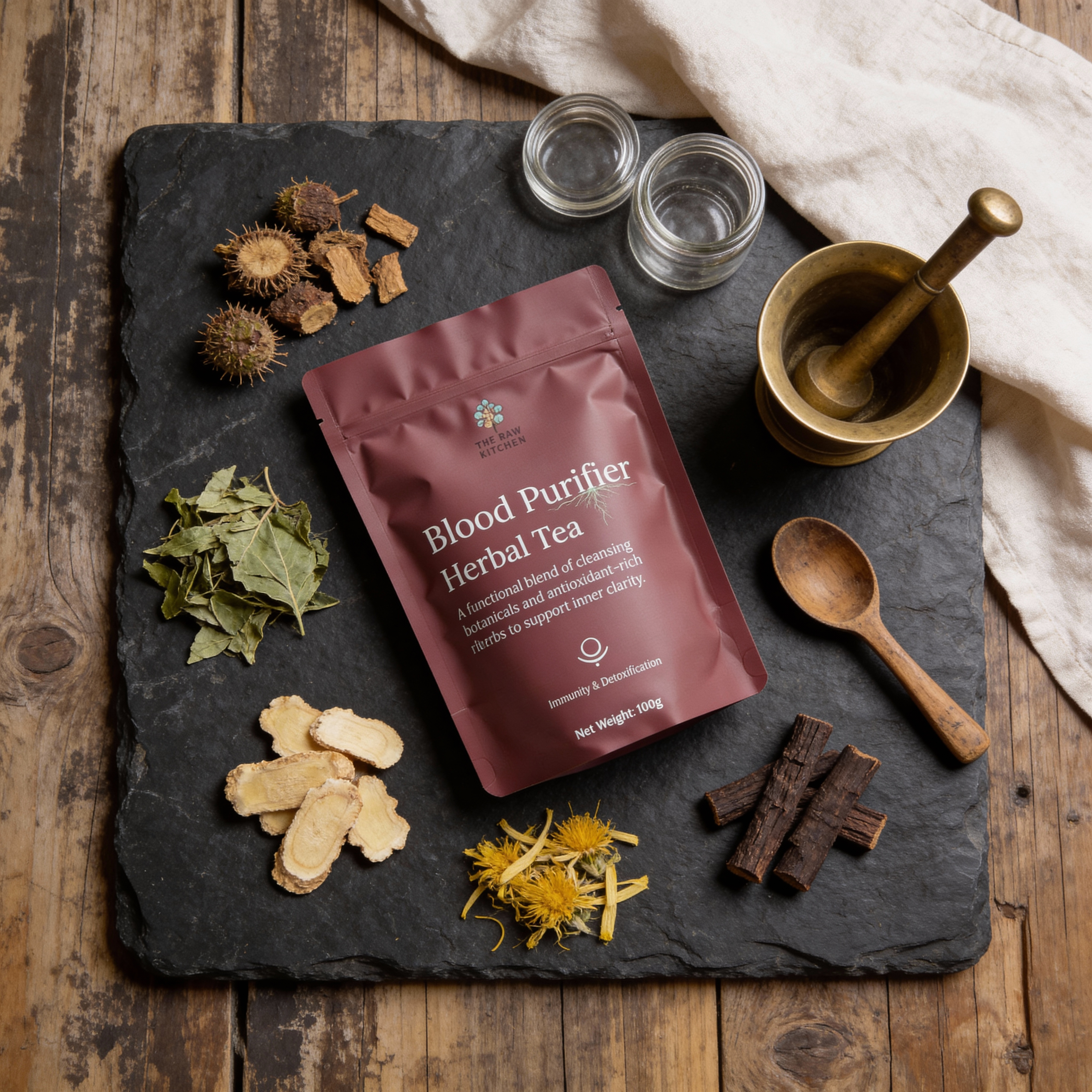 Blood Purifier Herbal Tea package on a slate tray with dried herbs and tools on a wooden surface