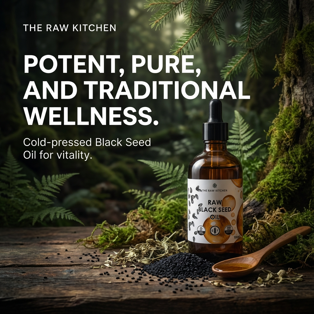 Bottle of raw black seed oil with text about potent, pure, and traditional wellness on a natural background.