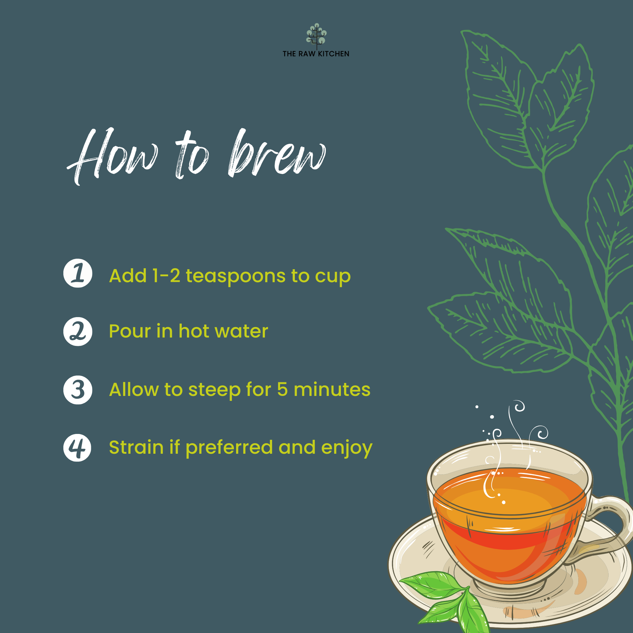 A graphic illustrating how to brew loose leaf herbal tea with four simple steps, including steeping for 5 minutes - The Raw Kitchen UK.