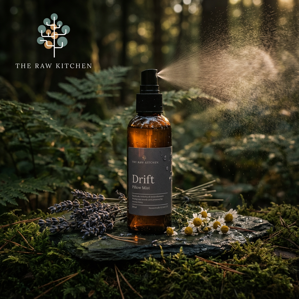 a bottle of drift pillow mist placed on a slate slab in a forest