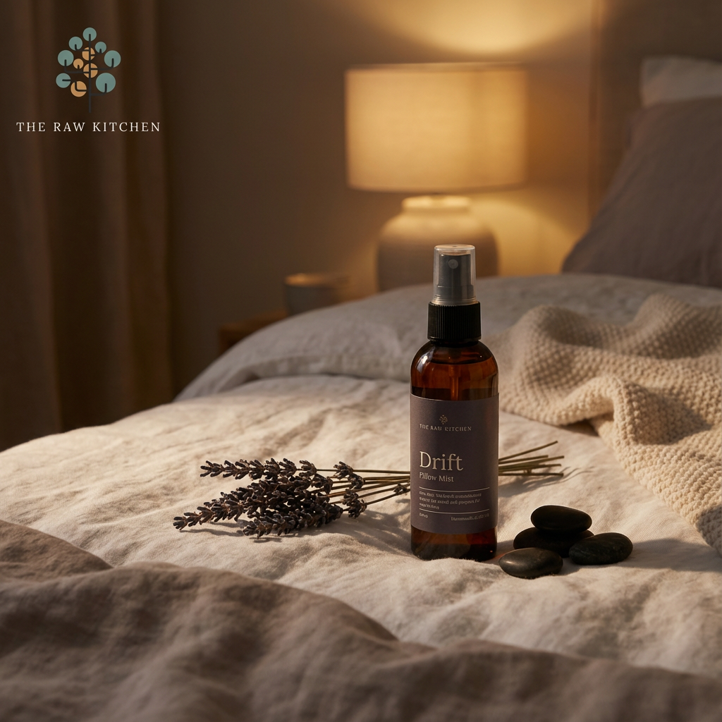 a bottle of drift pillow mist placed on bed next to some dried lavender