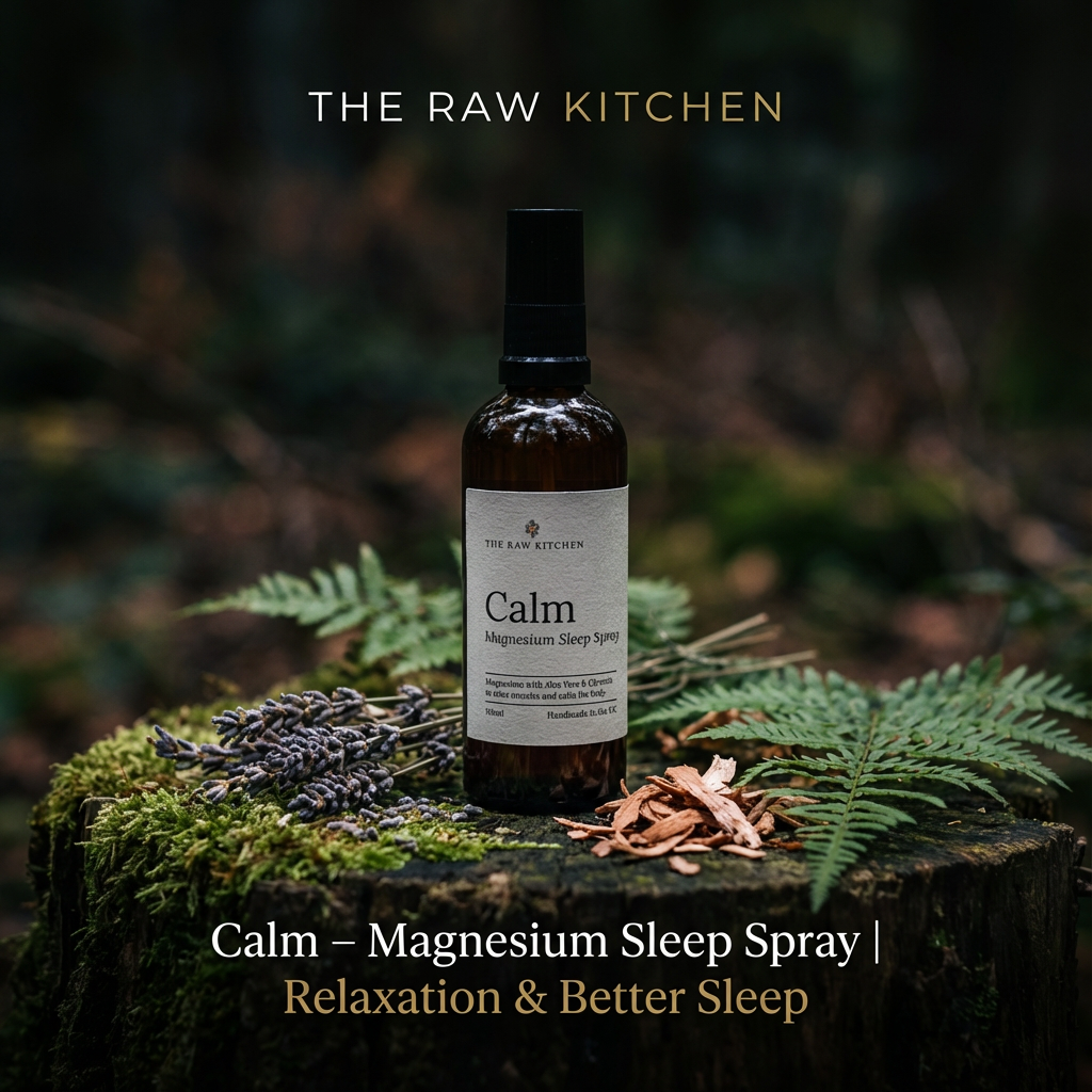 a bottle of calm magnesium spray sitting on top of a flat log