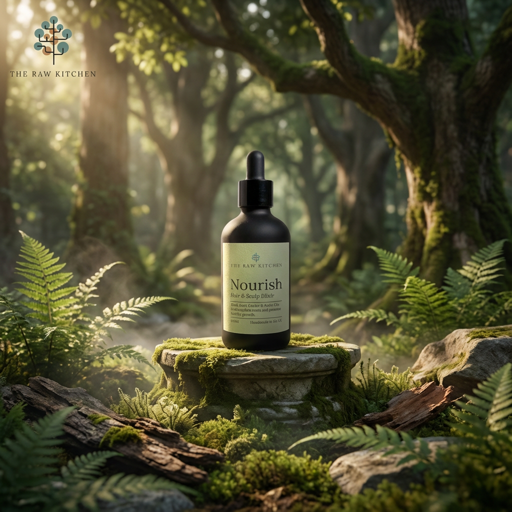 Bottle labeled 'Nourish' on a stone pedestal in a forest setting with 'The Raw Kitchen' branding.