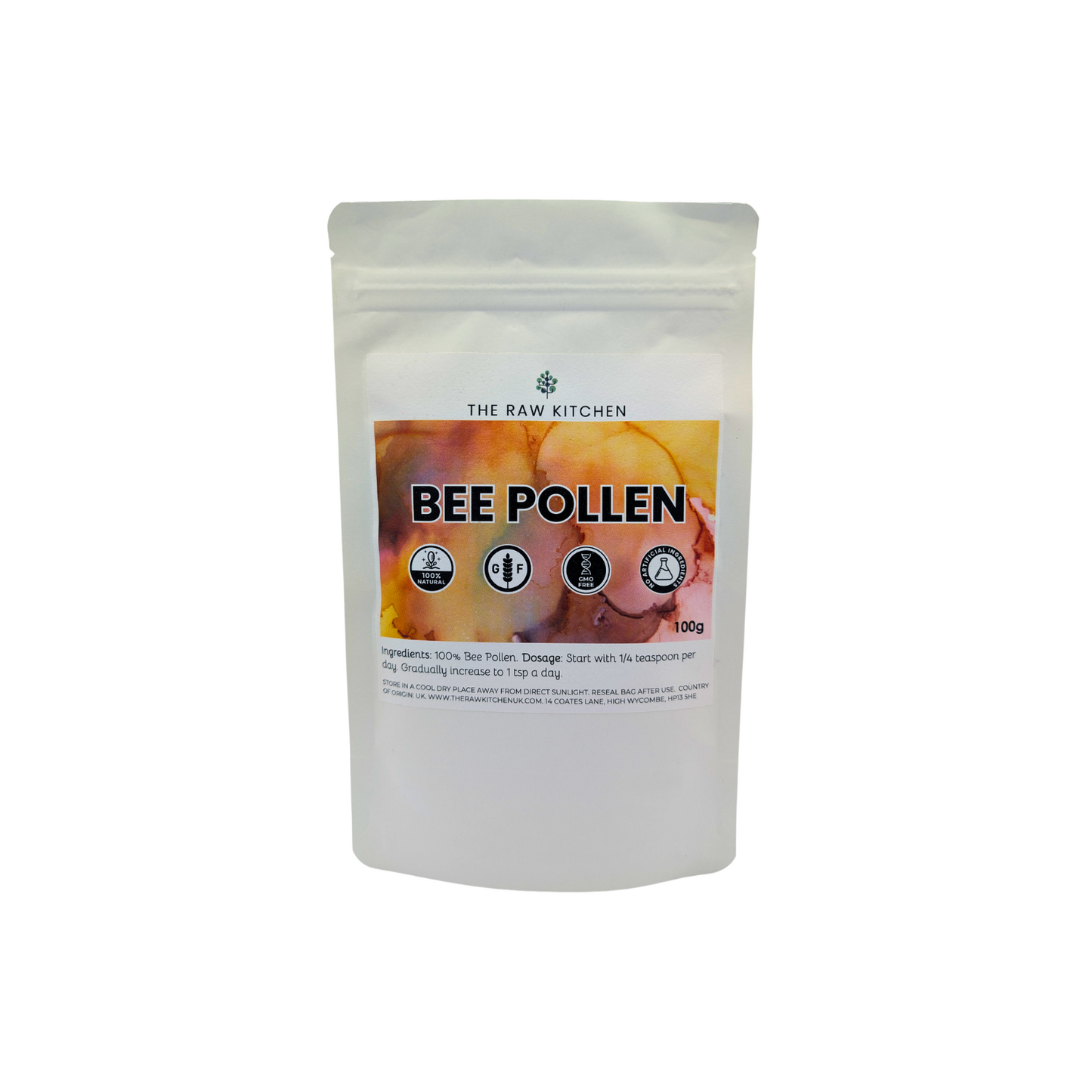A 100g pouch of natural Bee Pollen - The Raw Kitchen UK.